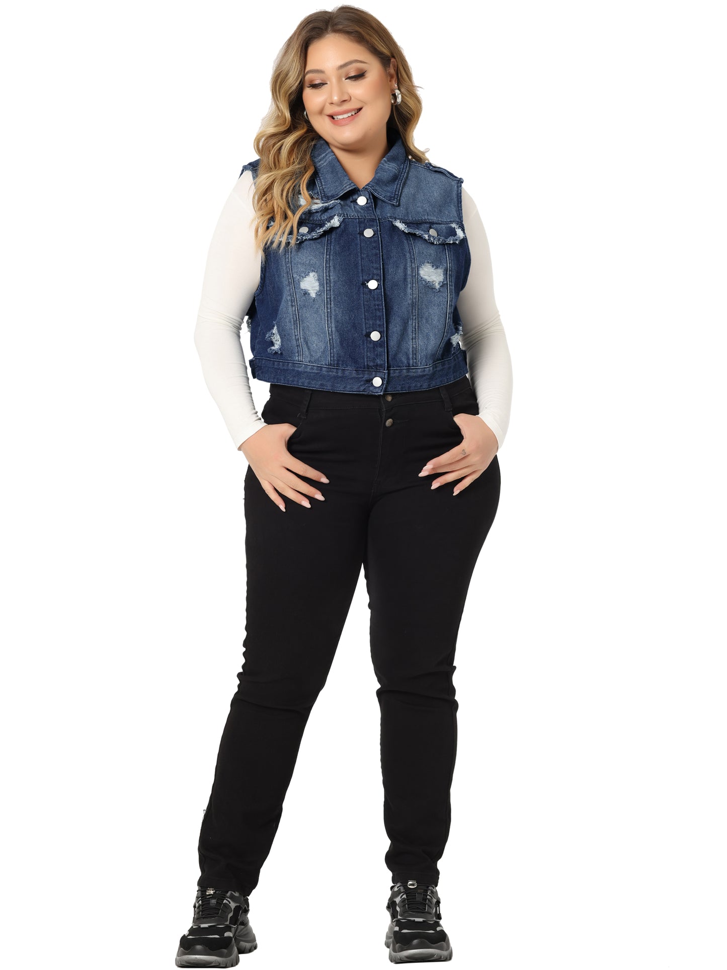Women Plus Size Denim Vest Sleeveless Button Jean Crop Denim Jacket Vest