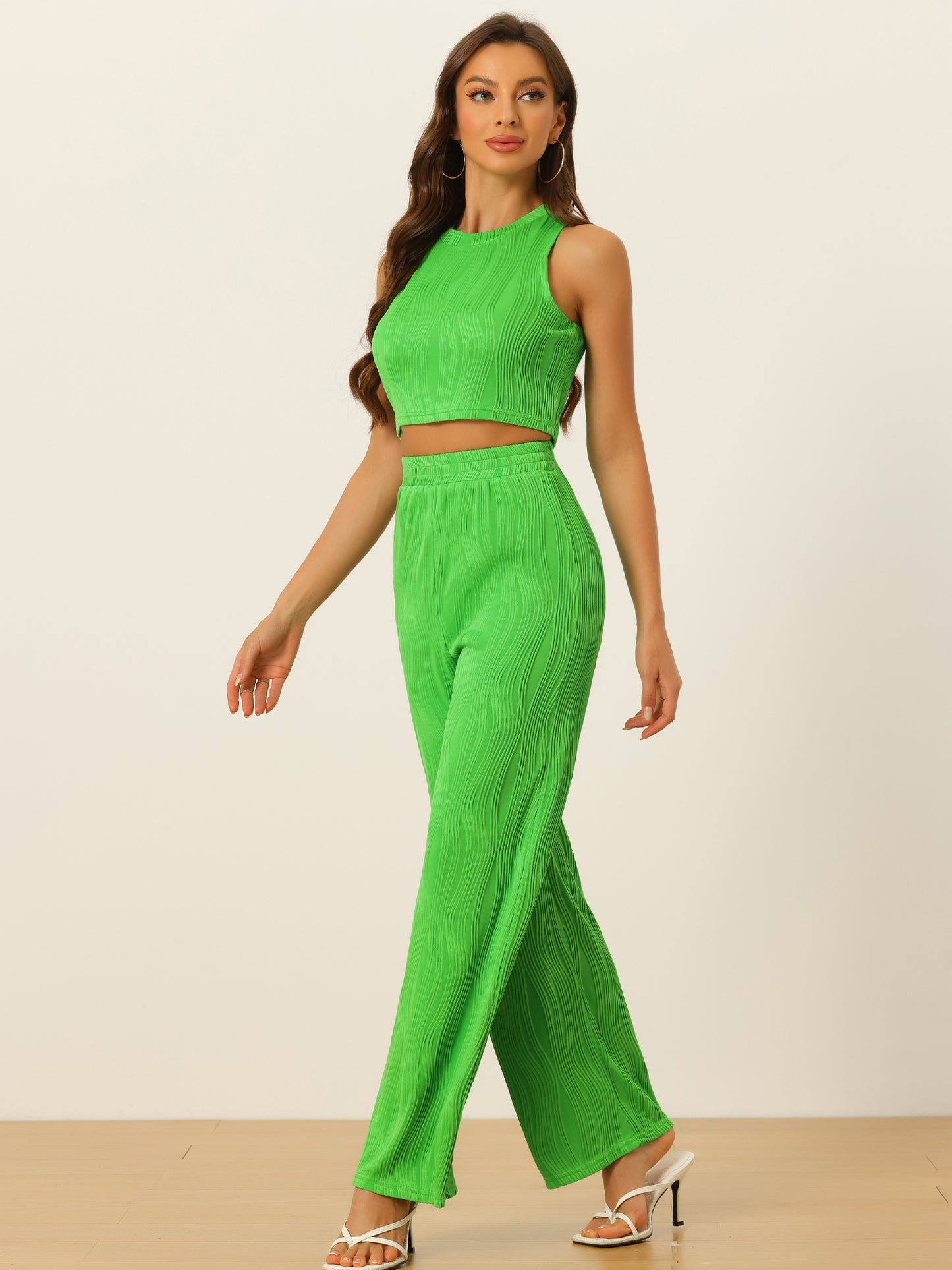 Women's 2 Pieces Ribbed Knit Sleeveless Crop Top Wide Leg Pants Crew Neck Set
