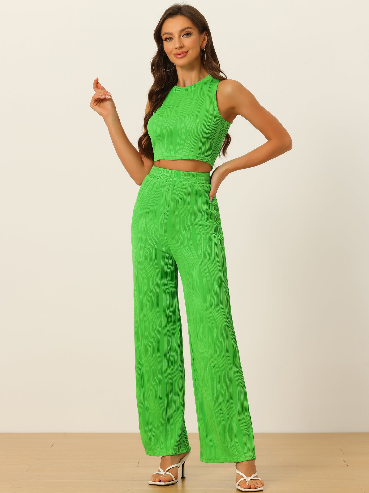Women's 2 Pieces Ribbed Knit Sleeveless Crop Top Wide Leg Pants Crew Neck Set