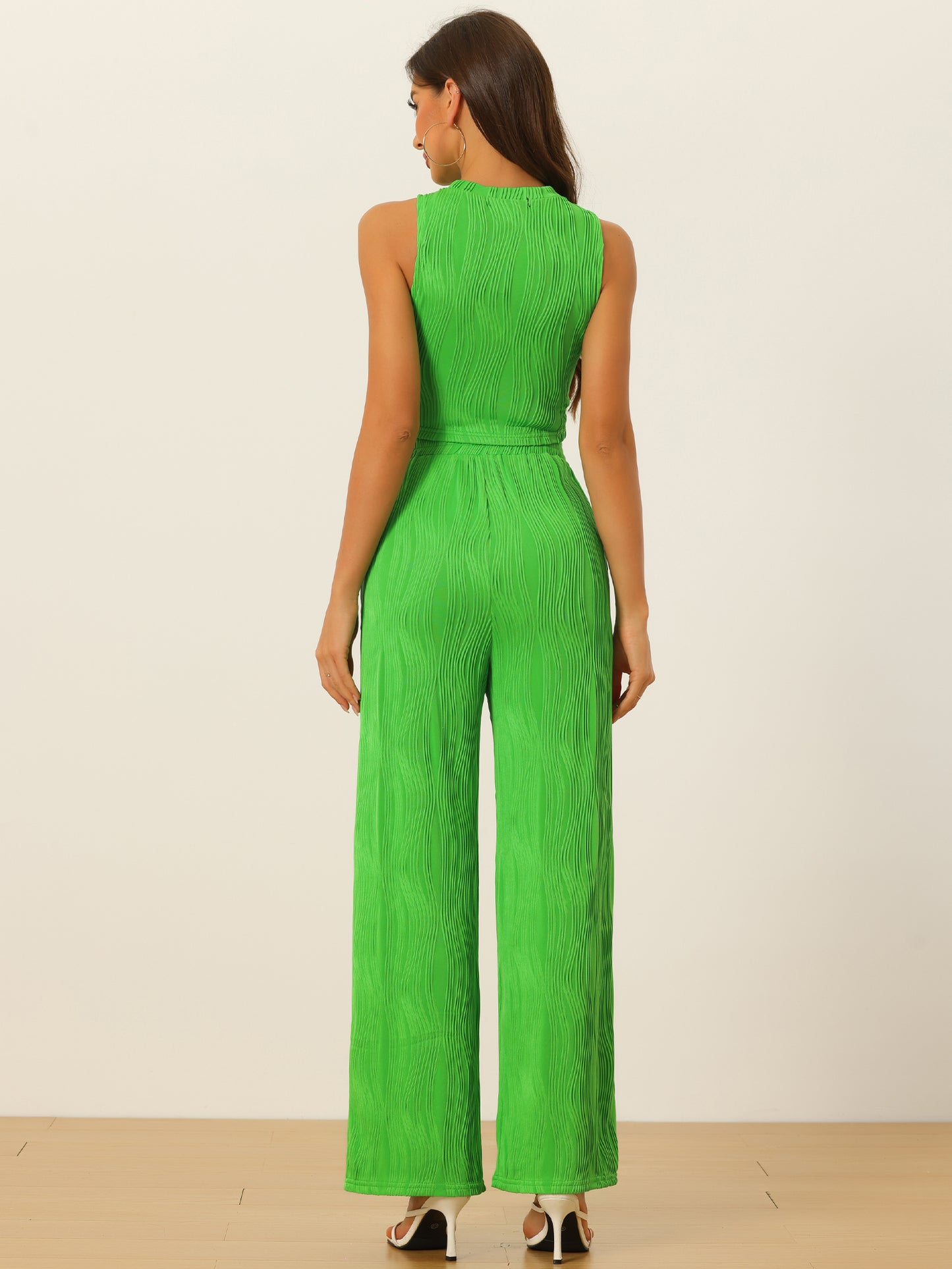 Women's 2 Pieces Ribbed Knit Sleeveless Crop Top Wide Leg Pants Crew Neck Set