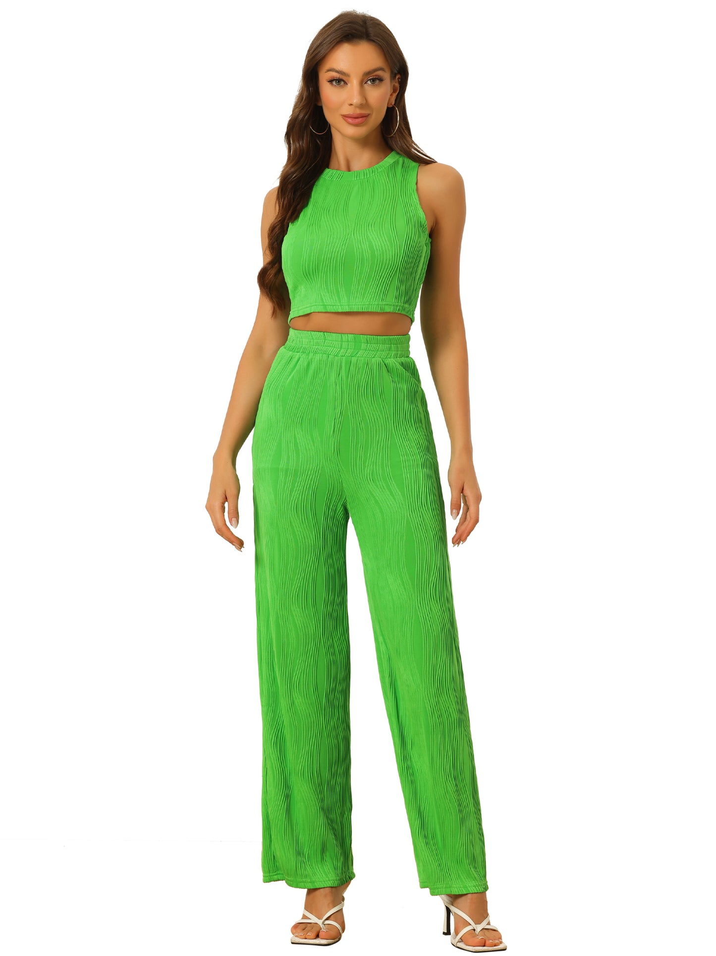 Women's 2 Pieces Ribbed Knit Sleeveless Crop Top Wide Leg Pants Crew Neck Set