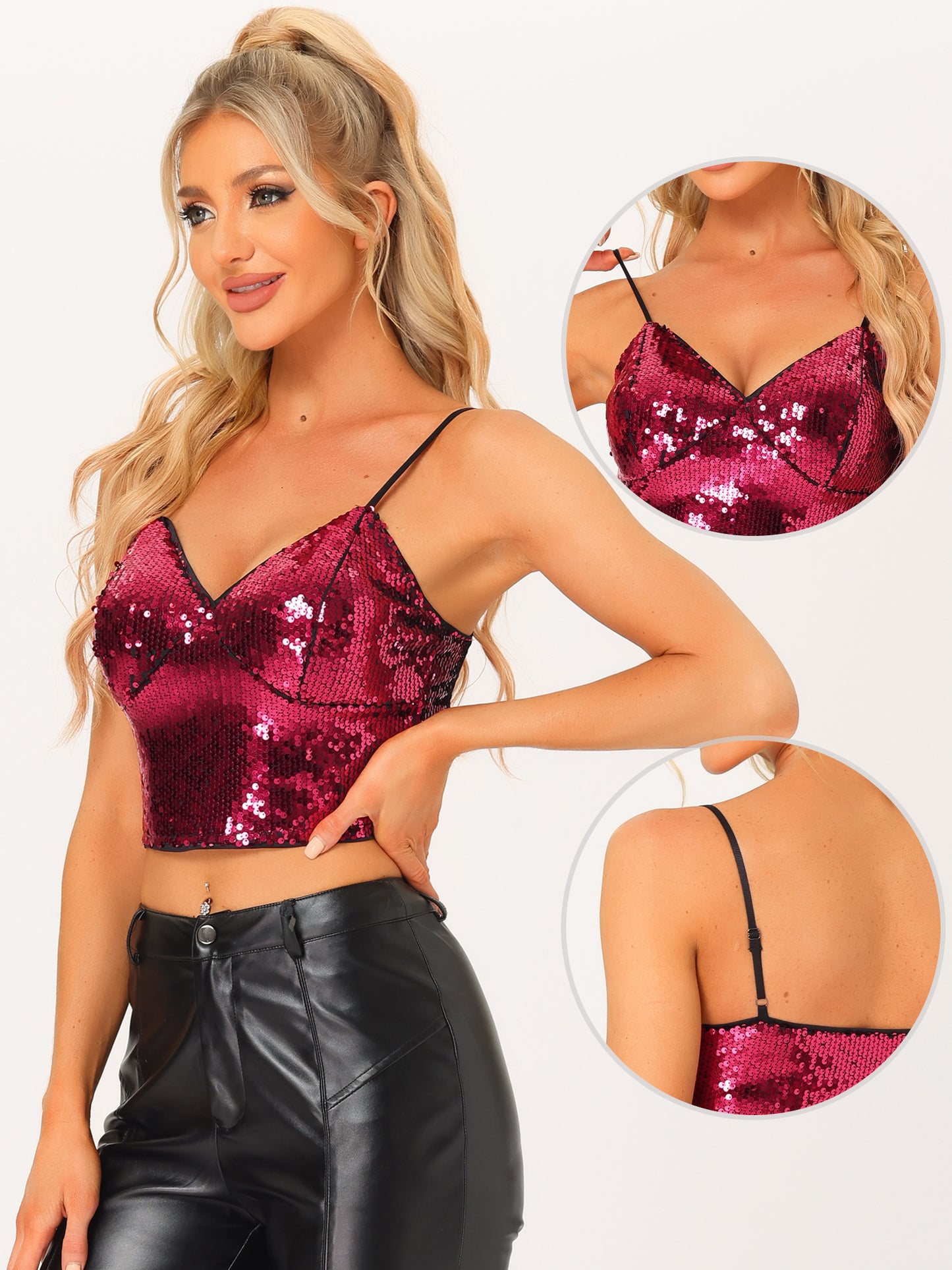 Women's Sequin Cami Top Spaghetti Strap Club Party Crop Tank Tops