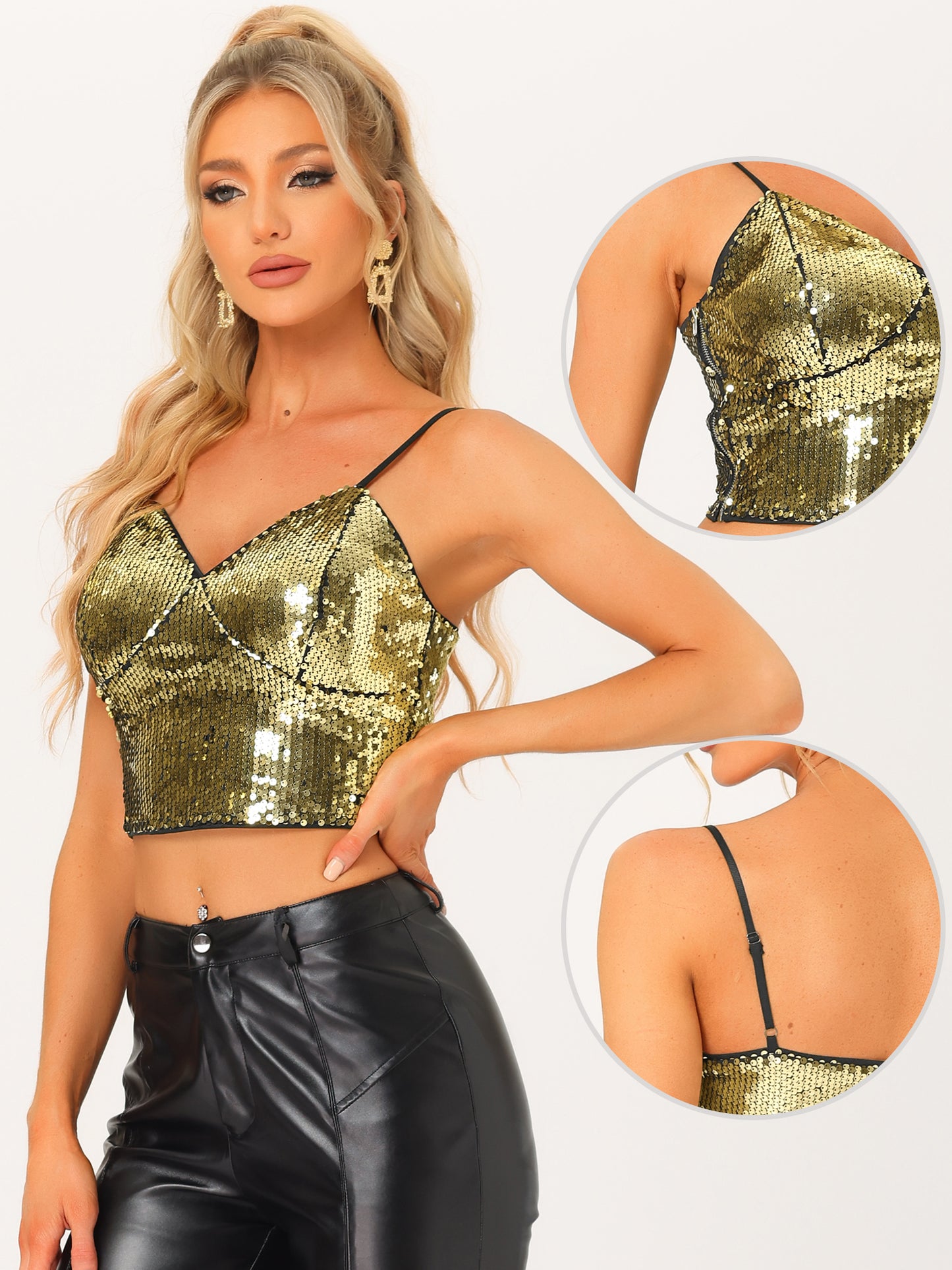 Women's Sequin Cami Top Spaghetti Strap Club Party Crop Tank Tops