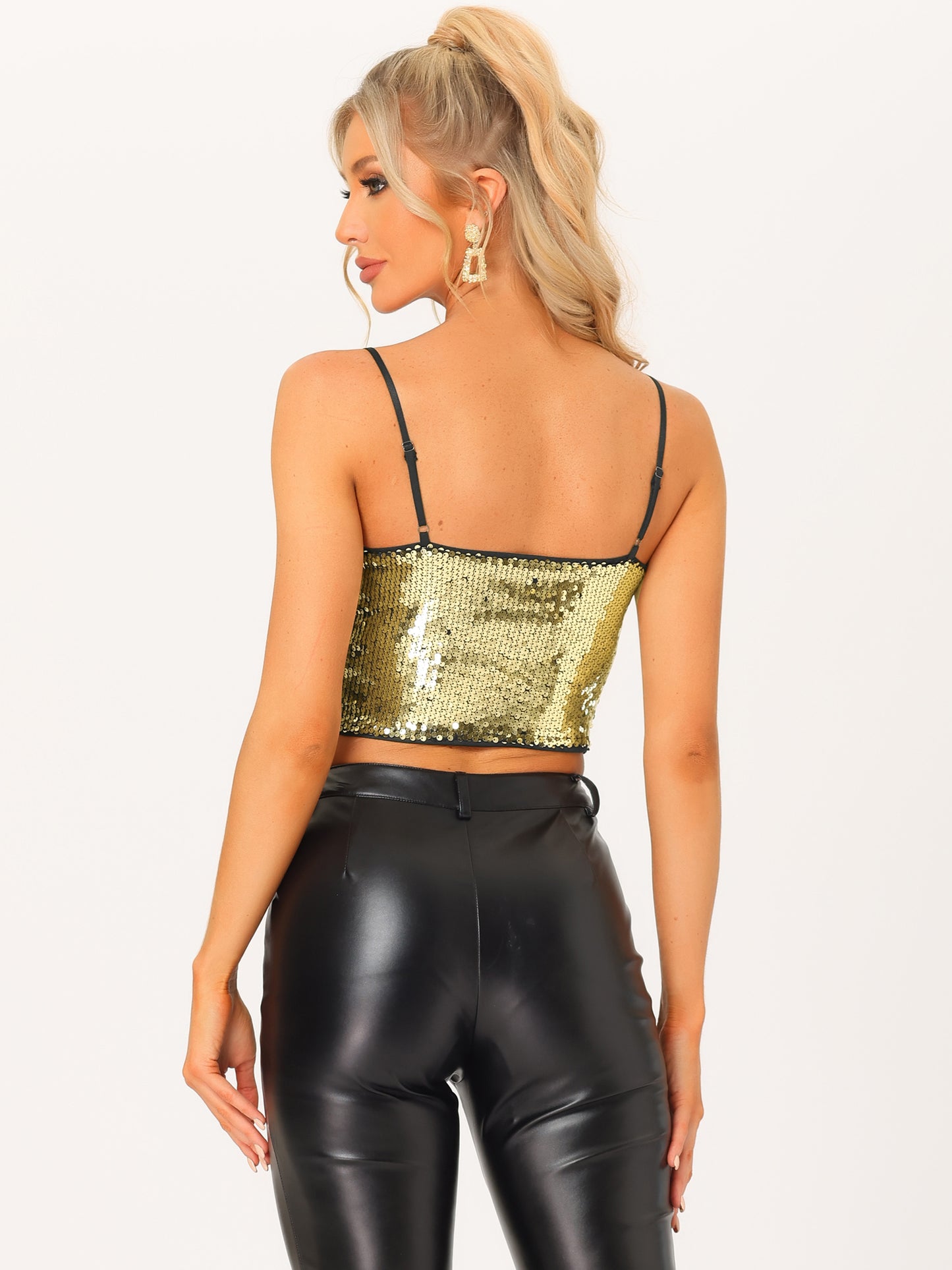 Women's Sequin Cami Top Spaghetti Strap Club Party Crop Tank Tops