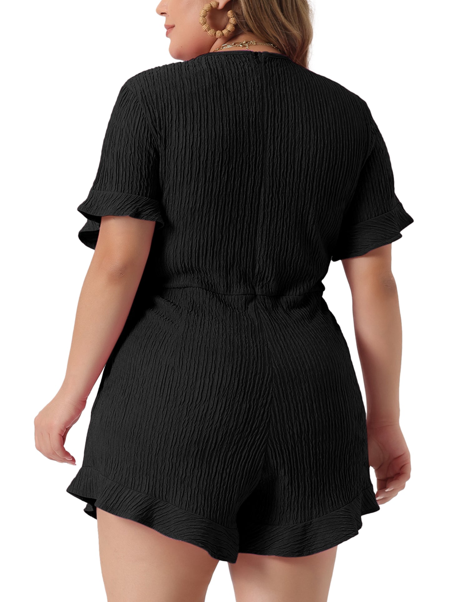 Women Plus Size Rompers Summer Short Sleeve Cute Ruffle Front Tie Short Jumpsuits