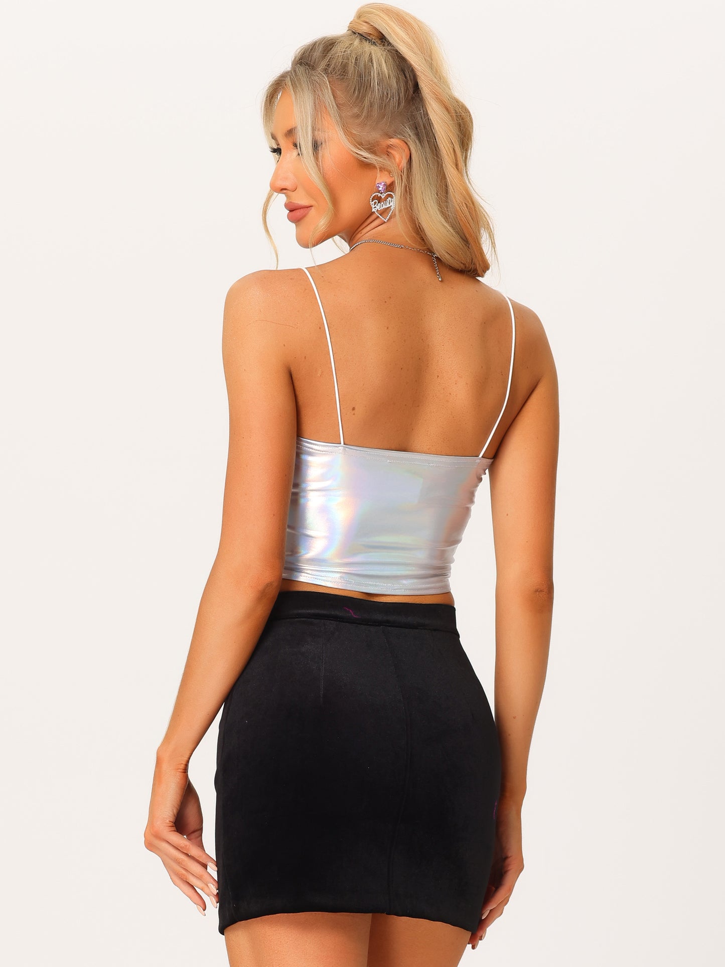 Women's Sexy Spaghetti Strap Cami Top Sleeveless Party Sparkly Shiny Metallic Crop Tank Top