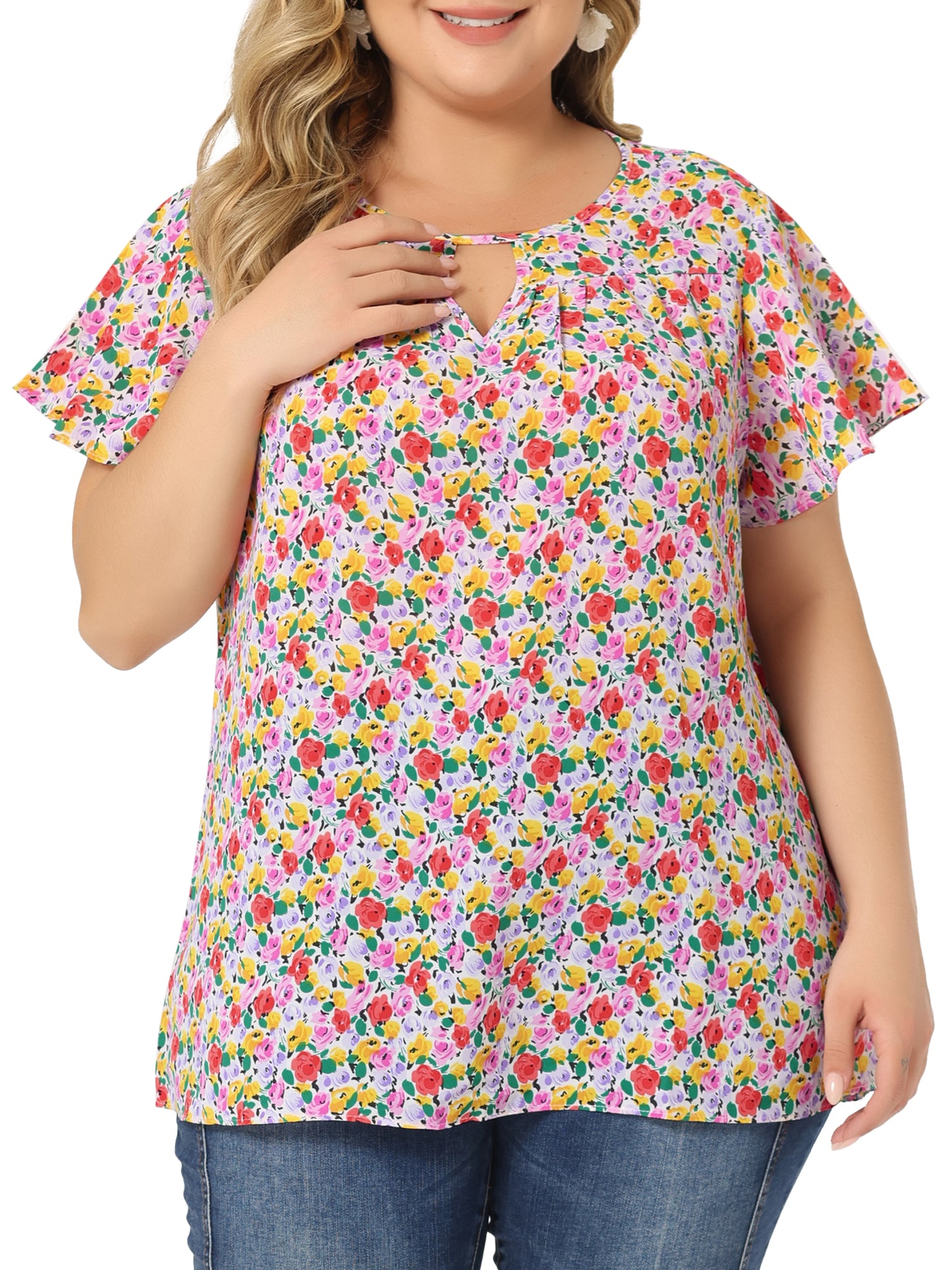 Women's Plus Size Blouses Summer Ruffle Short Sleeve Shirts Keyhole Chiffon Top