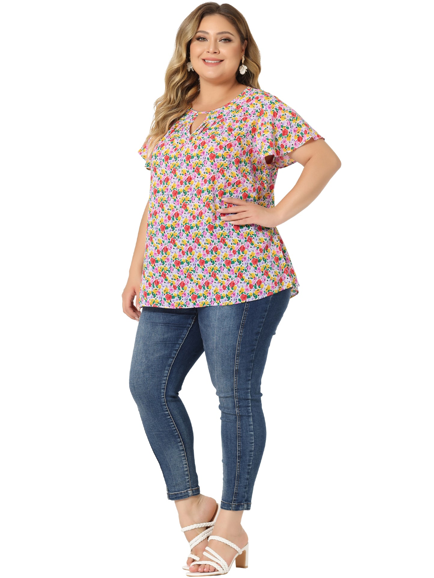 Women's Plus Size Blouses Summer Ruffle Short Sleeve Shirts Keyhole Chiffon Top