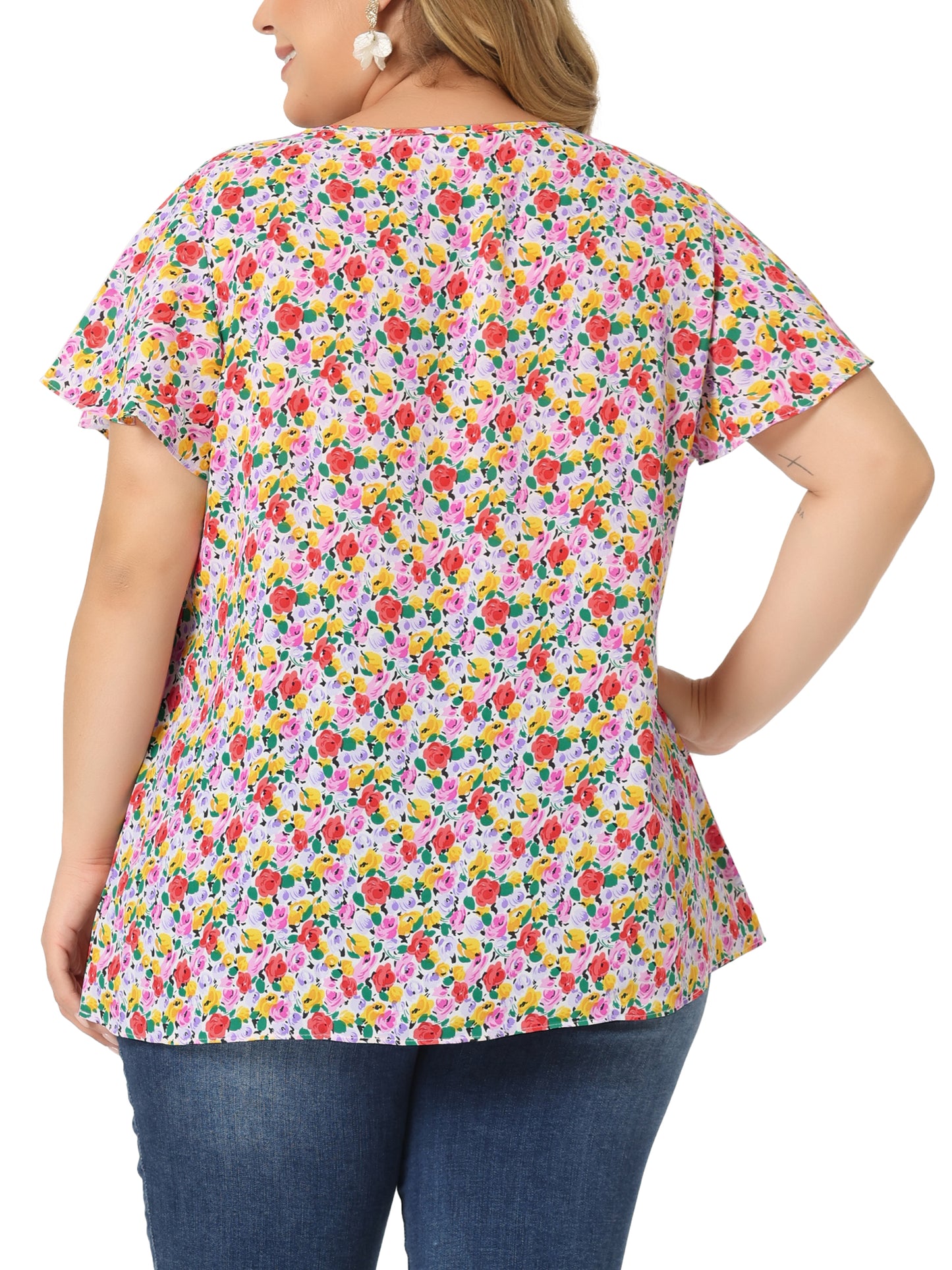 Women's Plus Size Blouses Summer Ruffle Short Sleeve Shirts Keyhole Chiffon Top