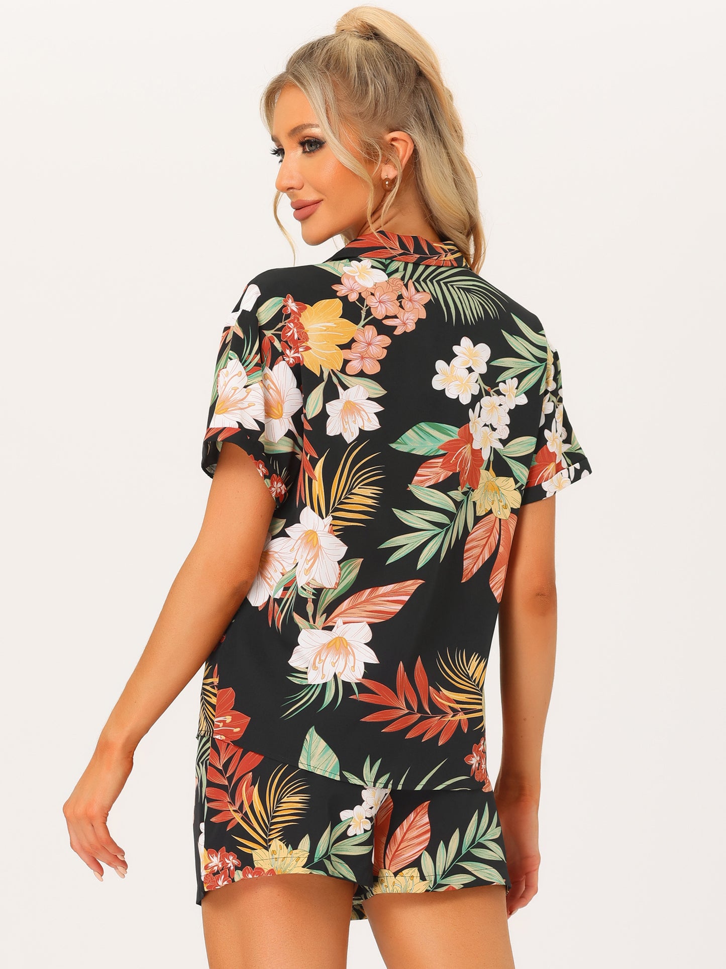 Women Hawaiian Set 2 Pieces Floral Button Down Shirt and Shorts Tropical Vacation Beach Casual