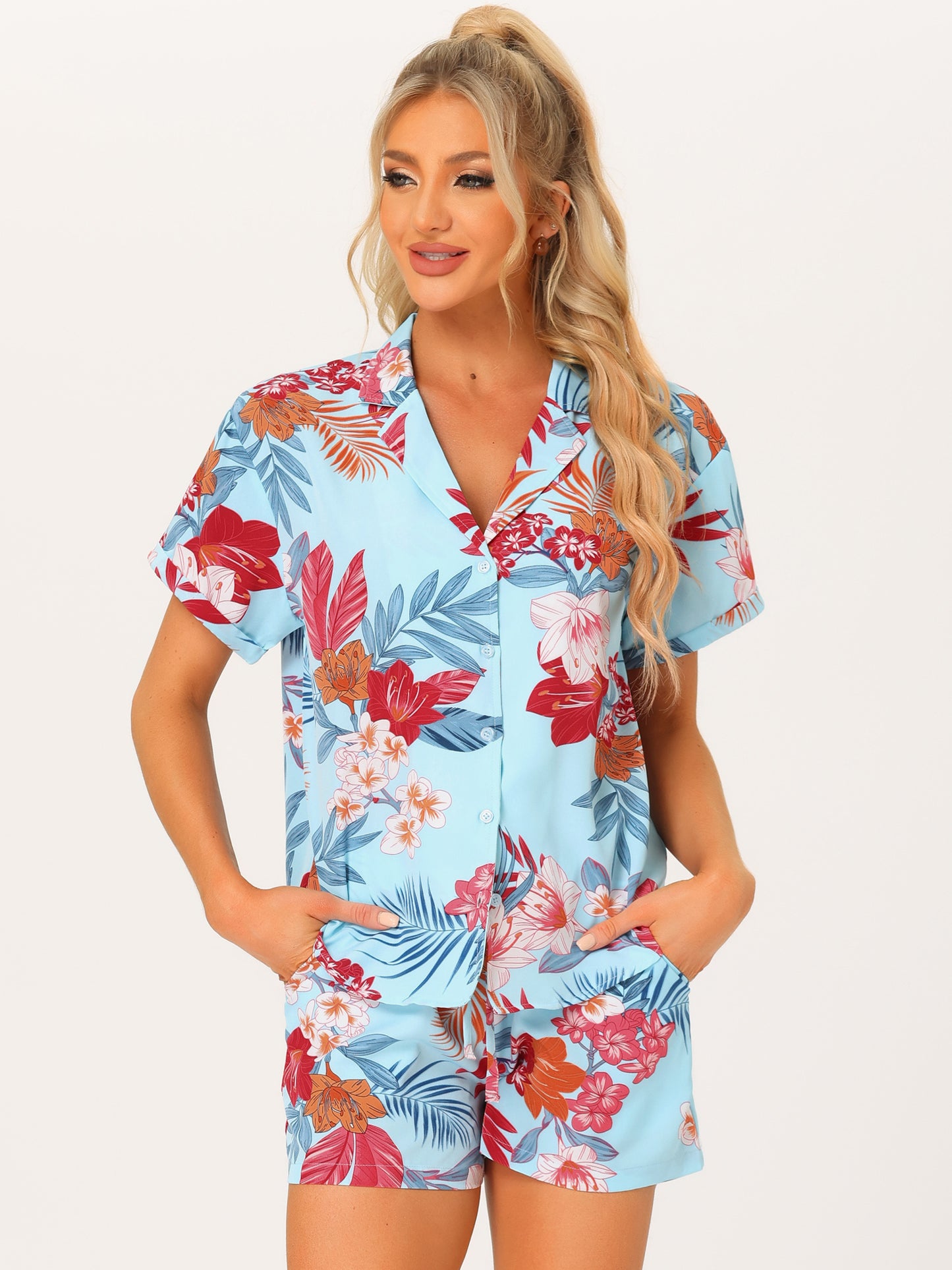 Women Hawaiian Set 2 Pieces Floral Button Down Shirt and Shorts Tropical Vacation Beach Casual