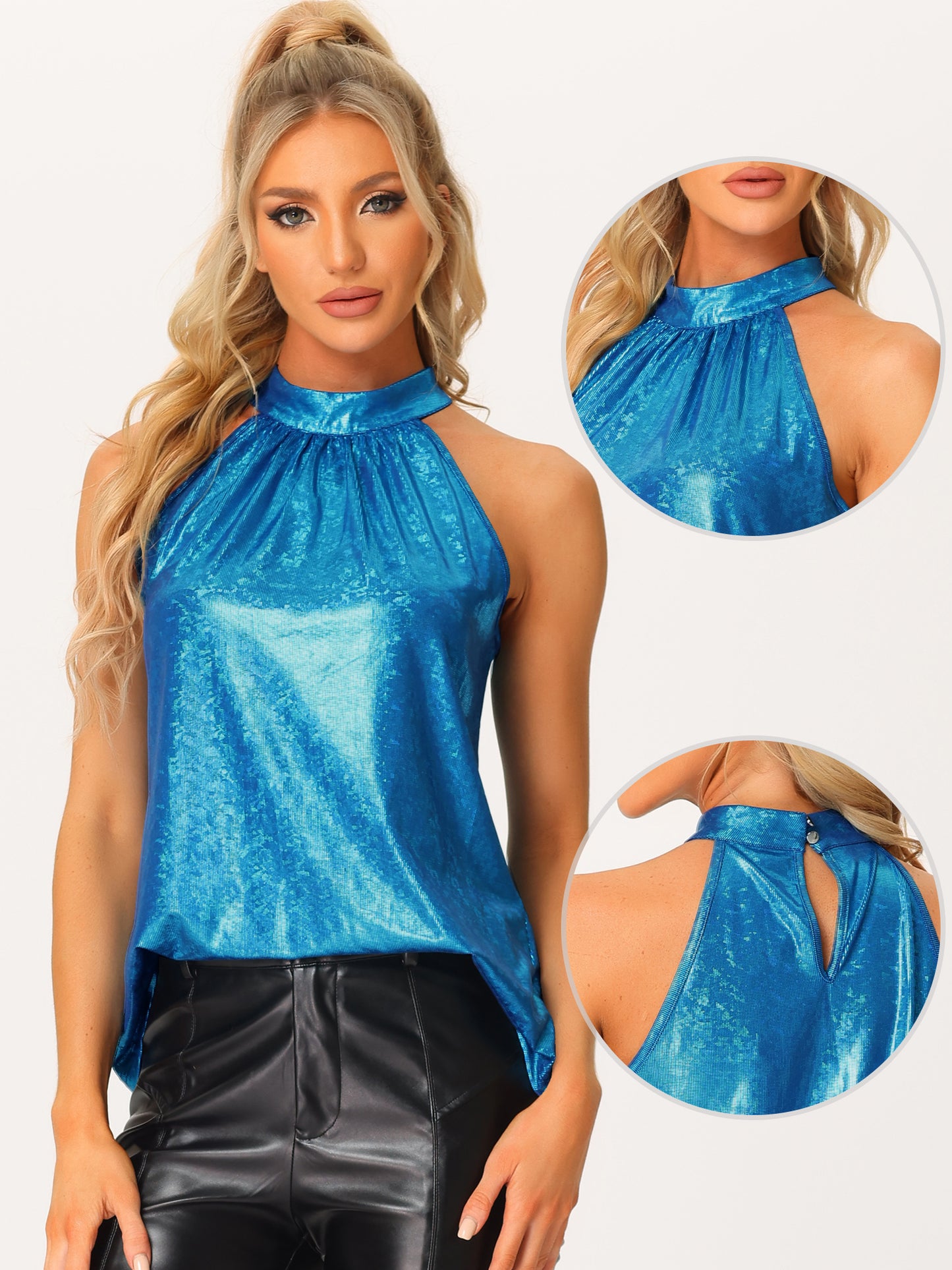 Women Shiny Sleeveless Halter Tops Party Club Cocktail Vest Tank Camisole Top