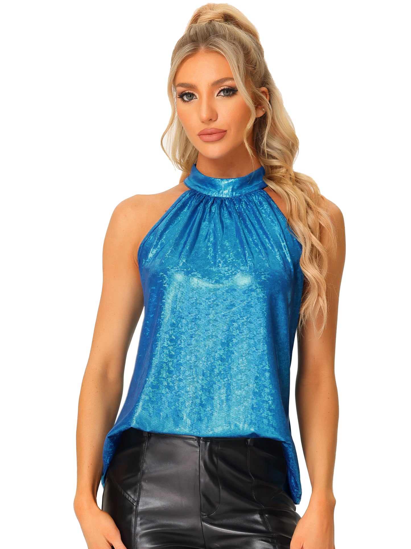 Women Shiny Sleeveless Halter Tops Party Club Cocktail Vest Tank Camisole Top