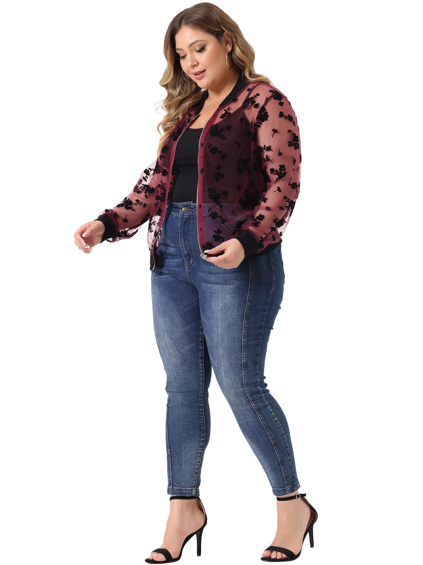 Women Plus Size Jacket Sheer Floral Lace Long Sleeve Baseball Jacket