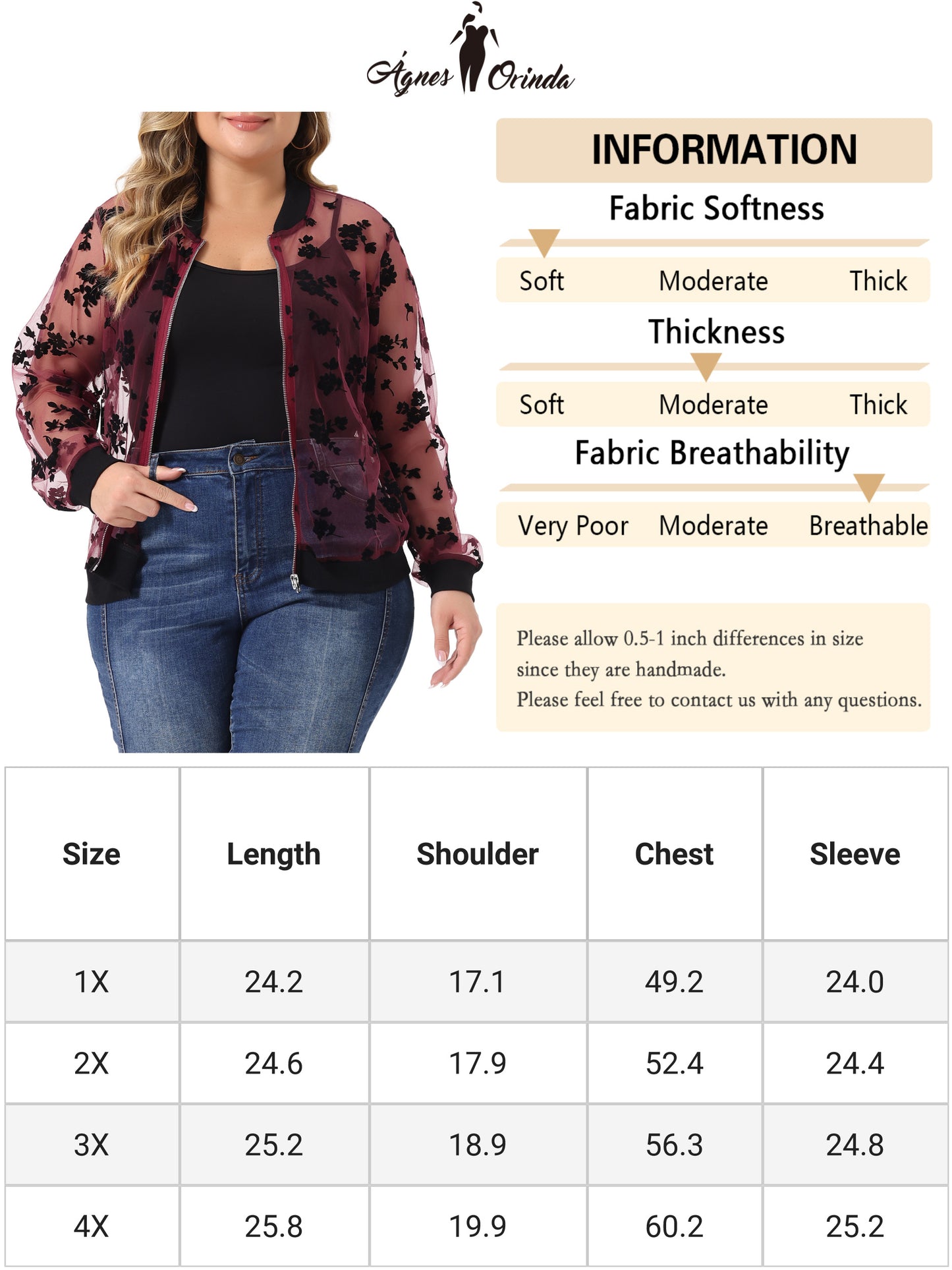 Women Plus Size Jacket Sheer Floral Lace Long Sleeve Baseball Jacket