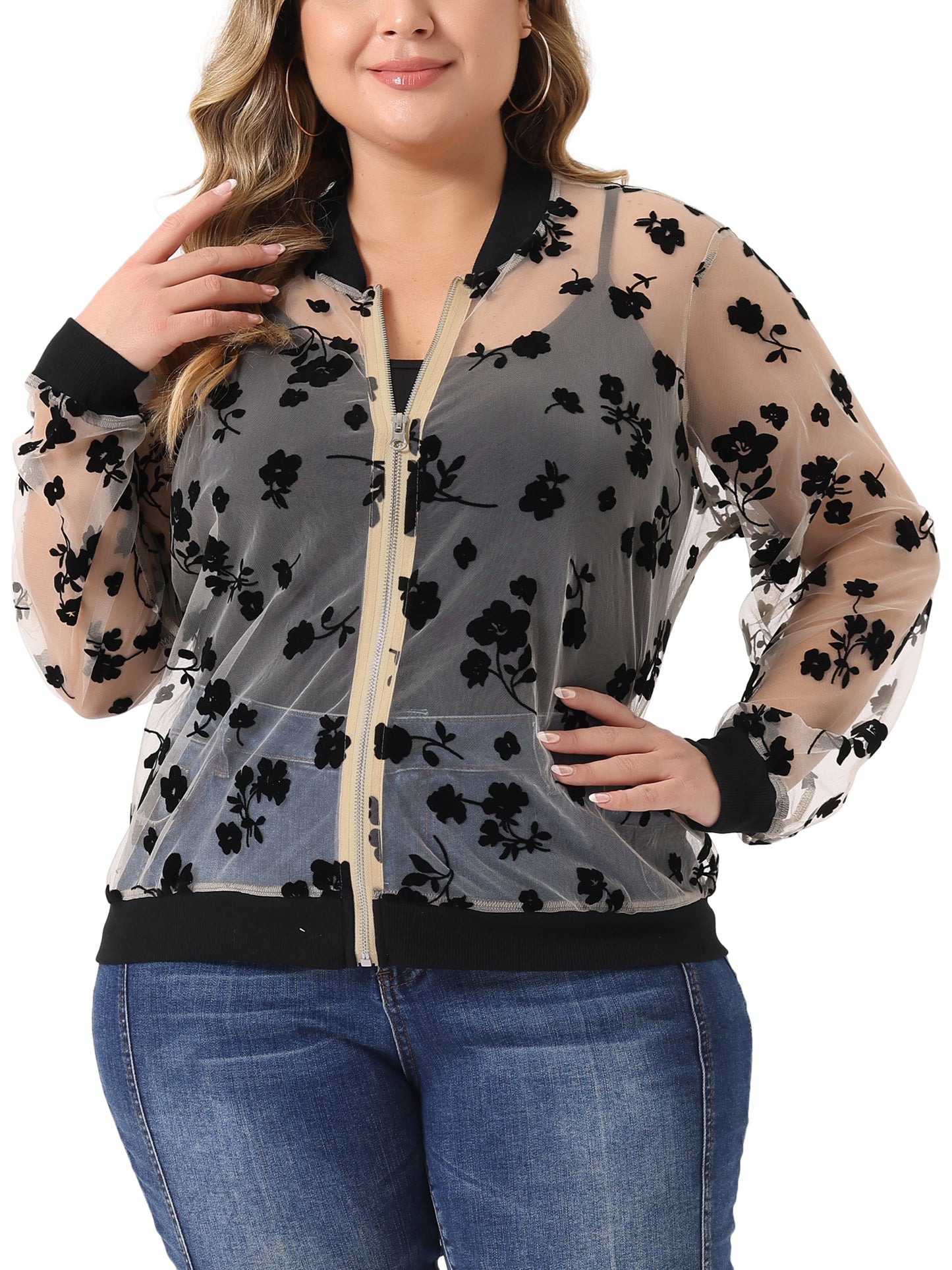 Women Plus Size Jacket Sheer Floral Lace Long Sleeve Baseball Jacket