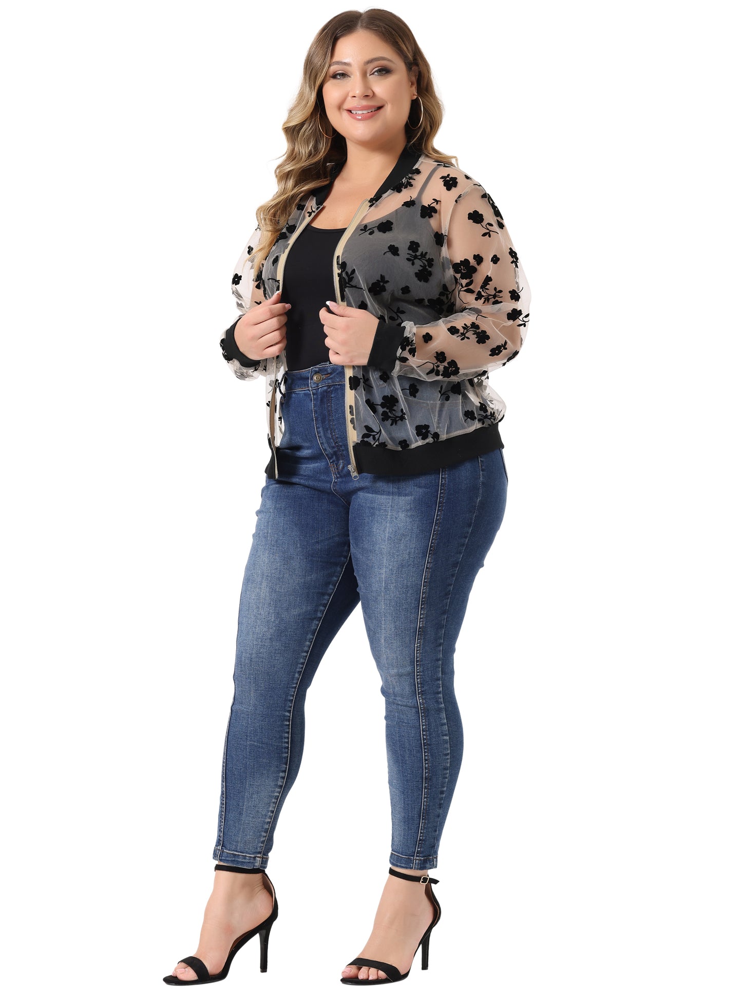 Women Plus Size Jacket Sheer Floral Lace Long Sleeve Baseball Jacket