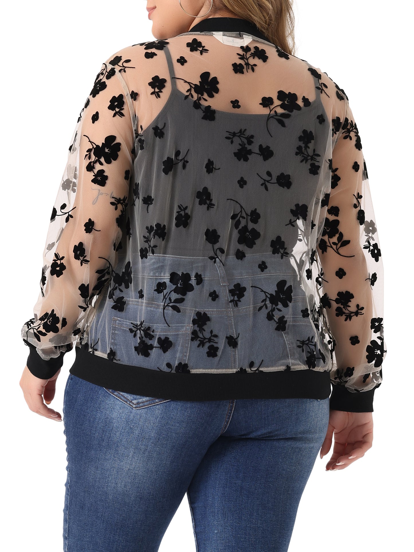 Women Plus Size Jacket Sheer Floral Lace Long Sleeve Baseball Jacket