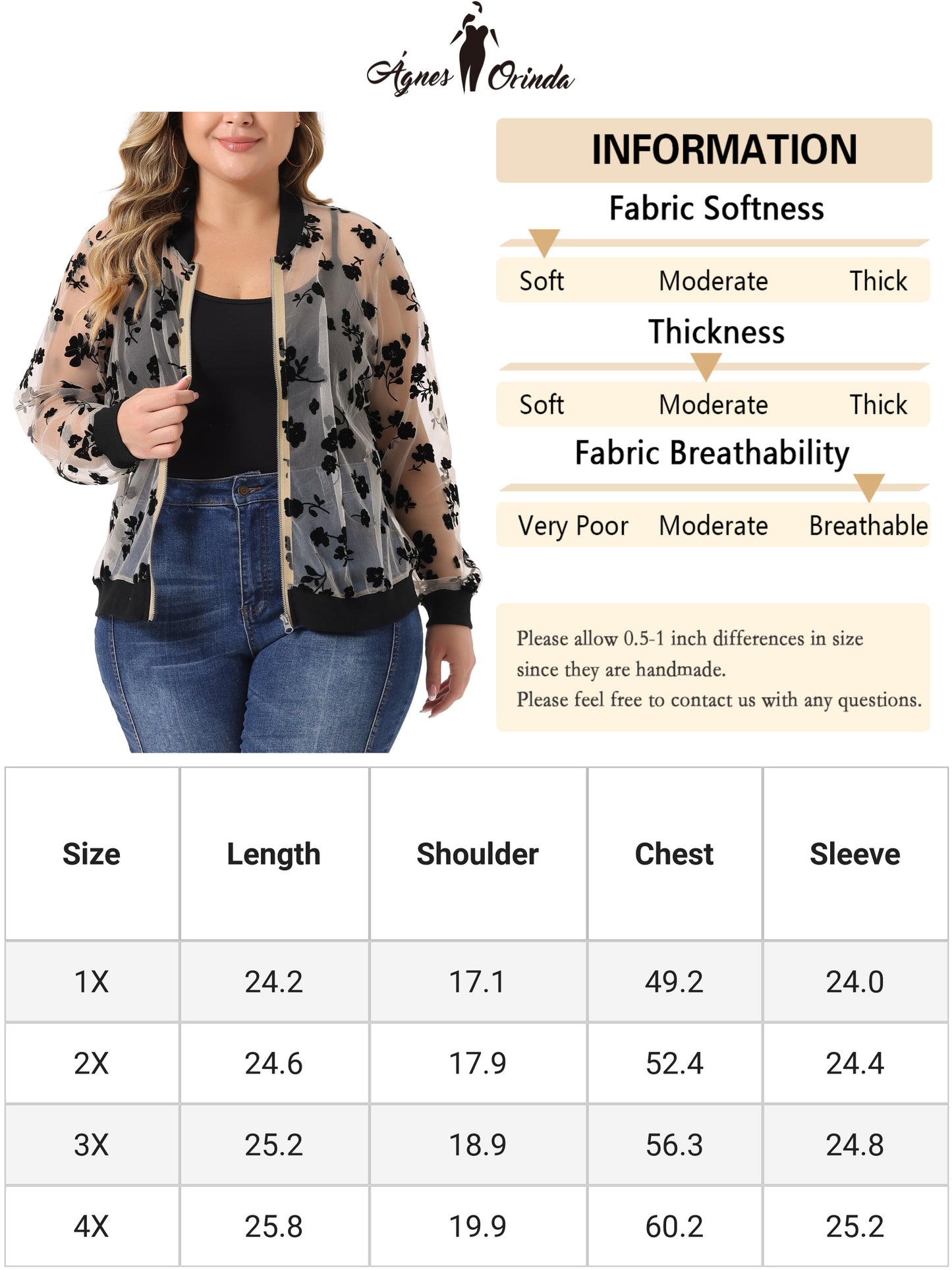 Women Plus Size Jacket Sheer Floral Lace Long Sleeve Baseball Jacket