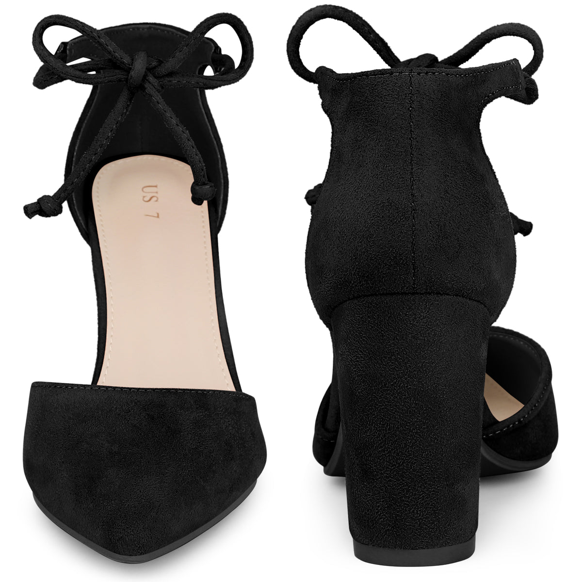 Women Ankle Tie Pointed Toe Chunky Heels Dress Pumps