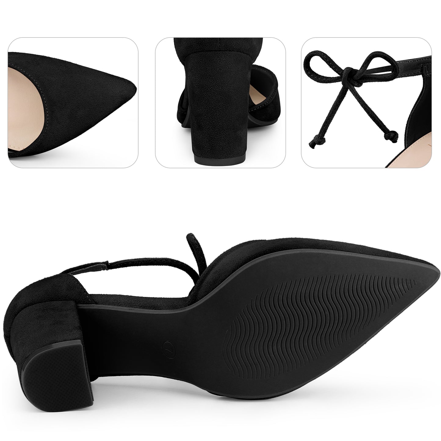 Zapatos de vestir con tacón grueso y punta puntiaguda y lazo en el tobillo para mujer
