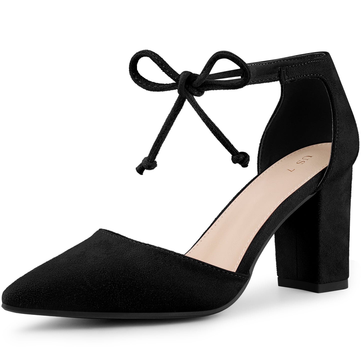 Zapatos de vestir con tacón grueso y punta puntiaguda y lazo en el tobillo para mujer