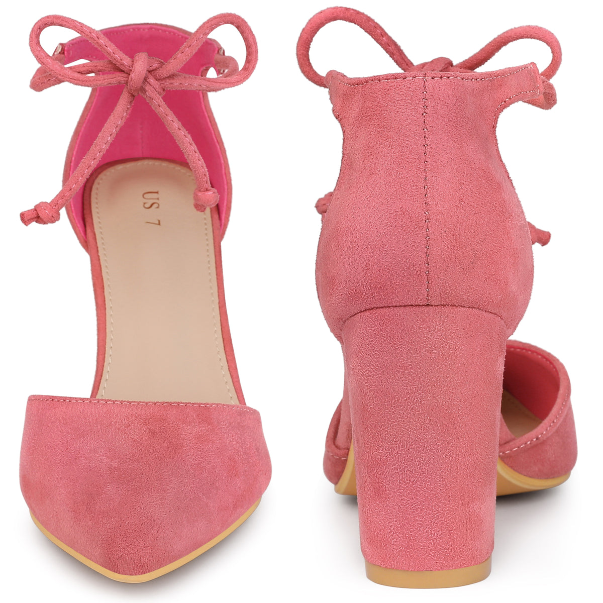Women Ankle Tie Pointed Toe Chunky Heels Dress Pumps