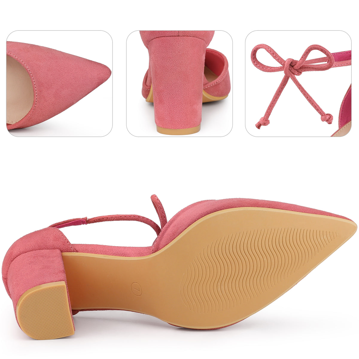 Women Ankle Tie Pointed Toe Chunky Heels Dress Pumps