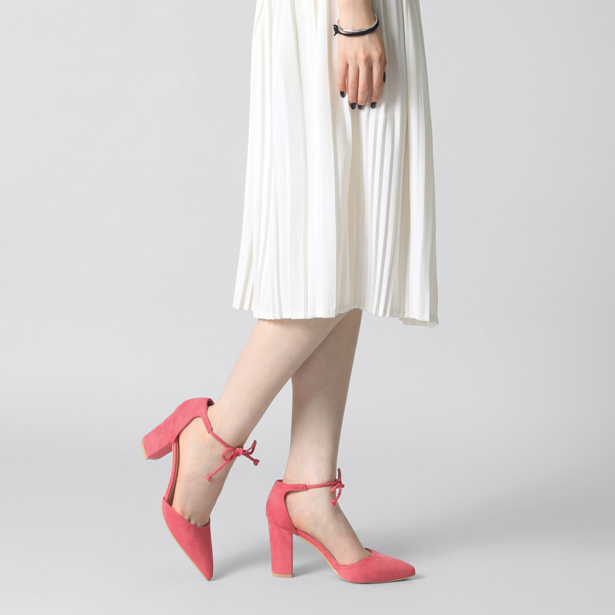 Women Ankle Tie Pointed Toe Chunky Heels Dress Pumps