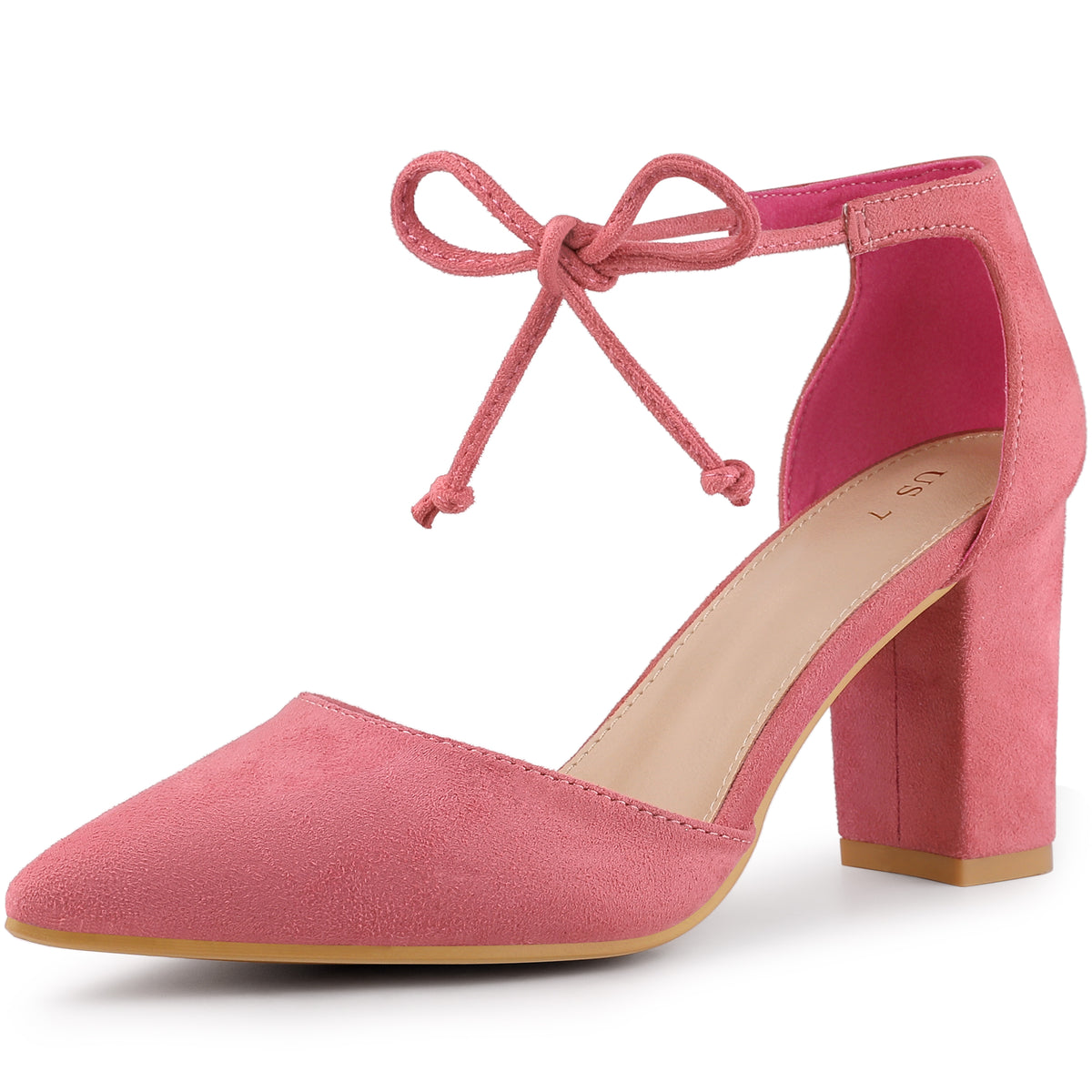 Women Ankle Tie Pointed Toe Chunky Heels Dress Pumps