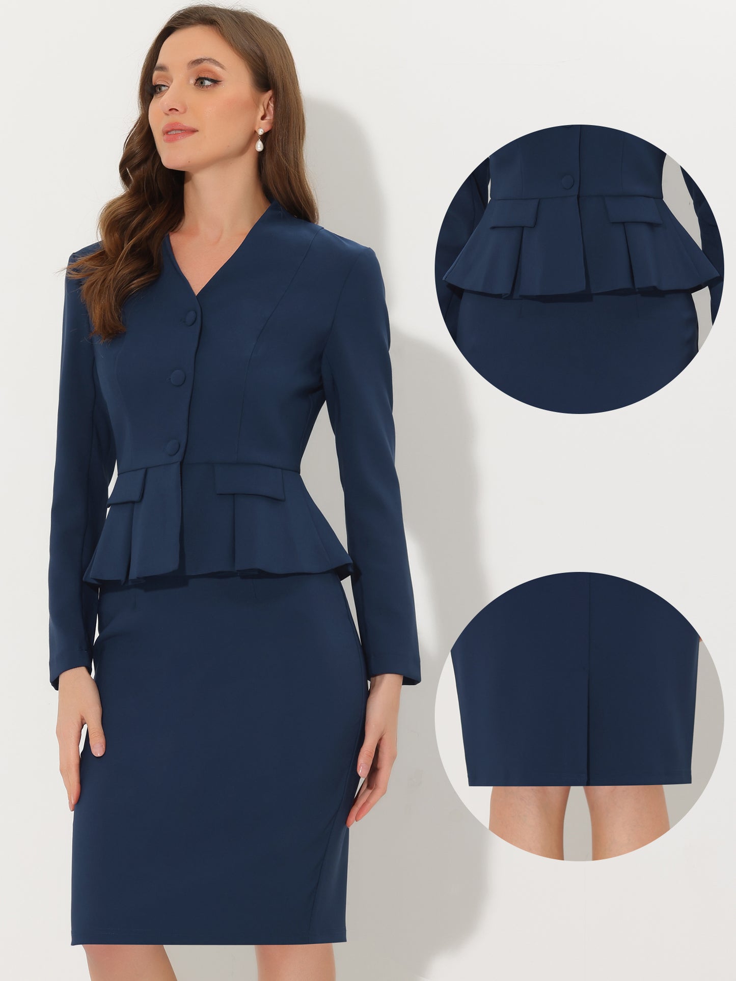 Women's Business 2 Piece Suit Set Long Sleeve Collarless Peplum Blazer Pencil Skirt