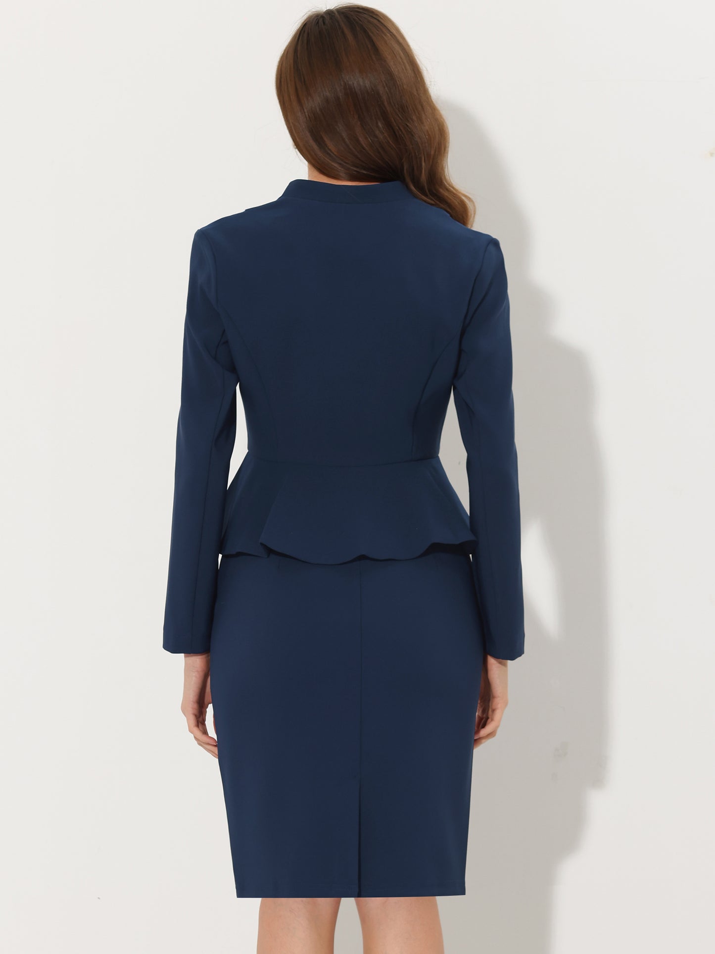 Women's Business 2 Piece Suit Set Long Sleeve Collarless Peplum Blazer Pencil Skirt