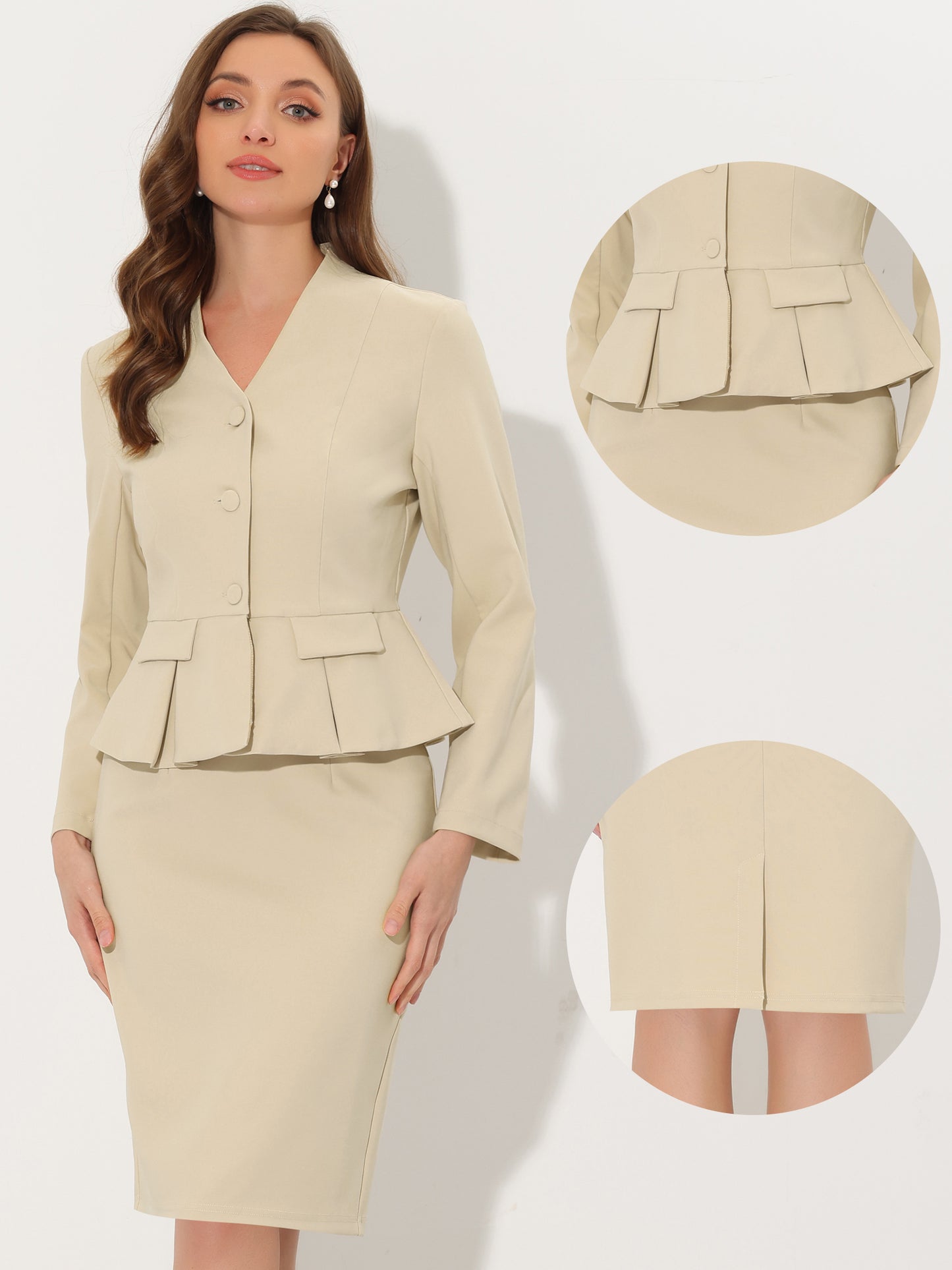 Women's Business 2 Piece Suit Set Long Sleeve Collarless Peplum Blazer Pencil Skirt