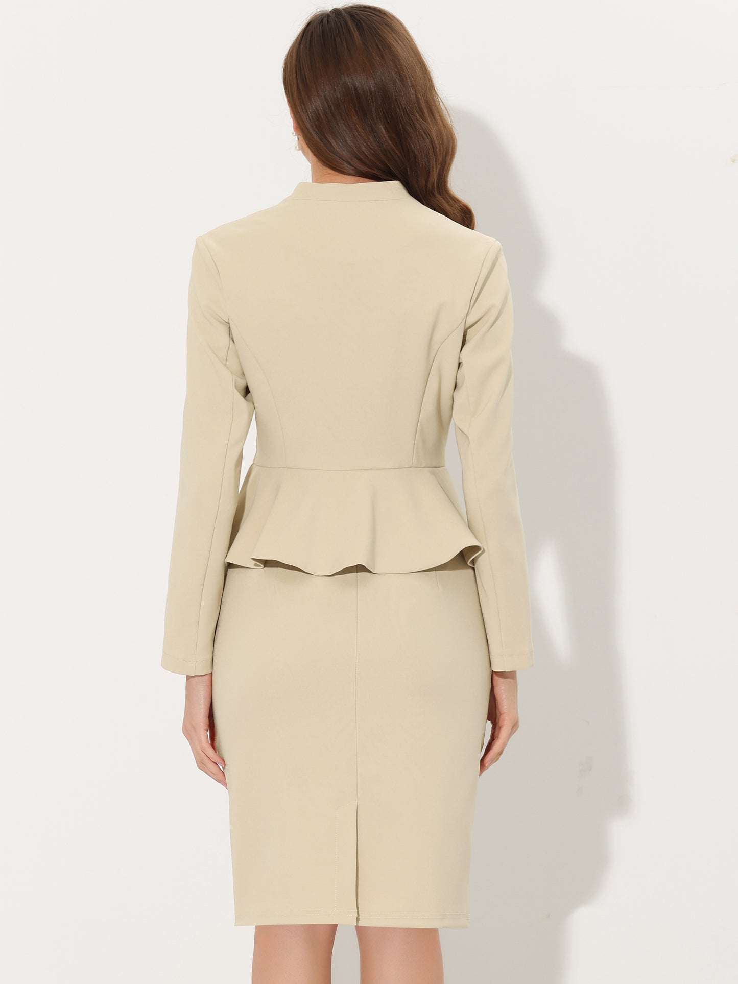 Women's Business 2 Piece Suit Set Long Sleeve Collarless Peplum Blazer Pencil Skirt
