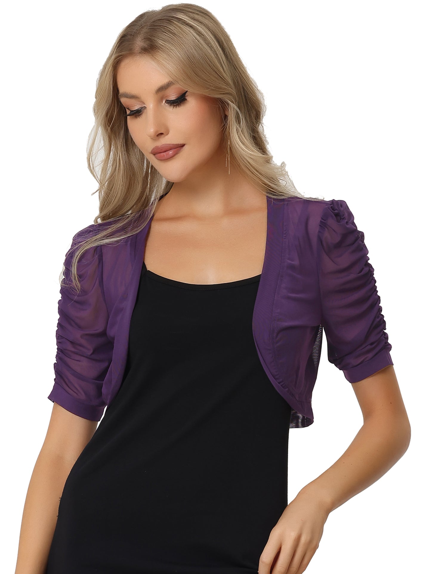 Women's Open Front Cropped Cardigan Bolero Casual Short Sleeve Mesh Sheer Shrug