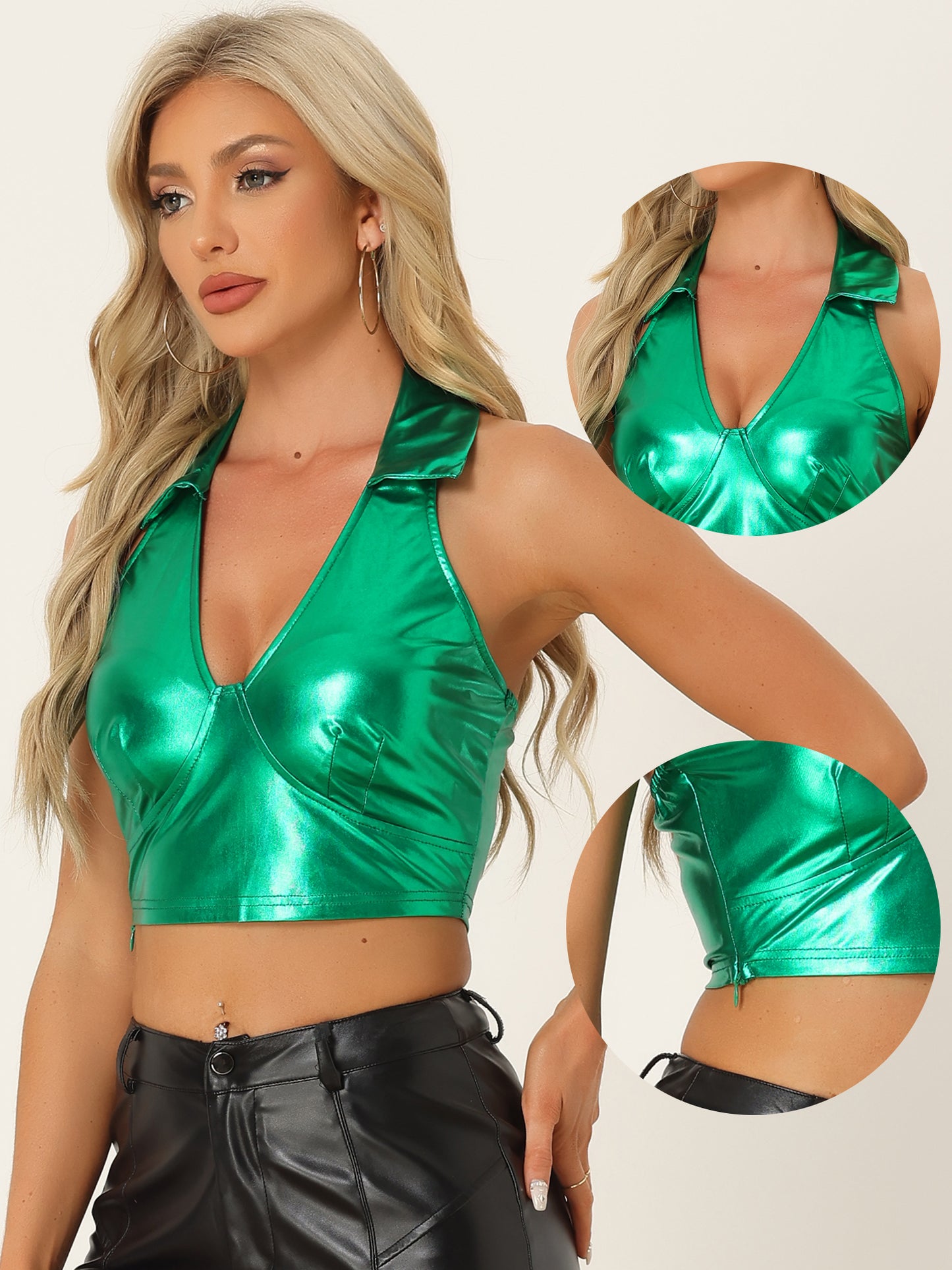 Women's Metallic Crop Top Clubwear Party Halter Rave Chrome Shirt Halter Neck Holographic Top