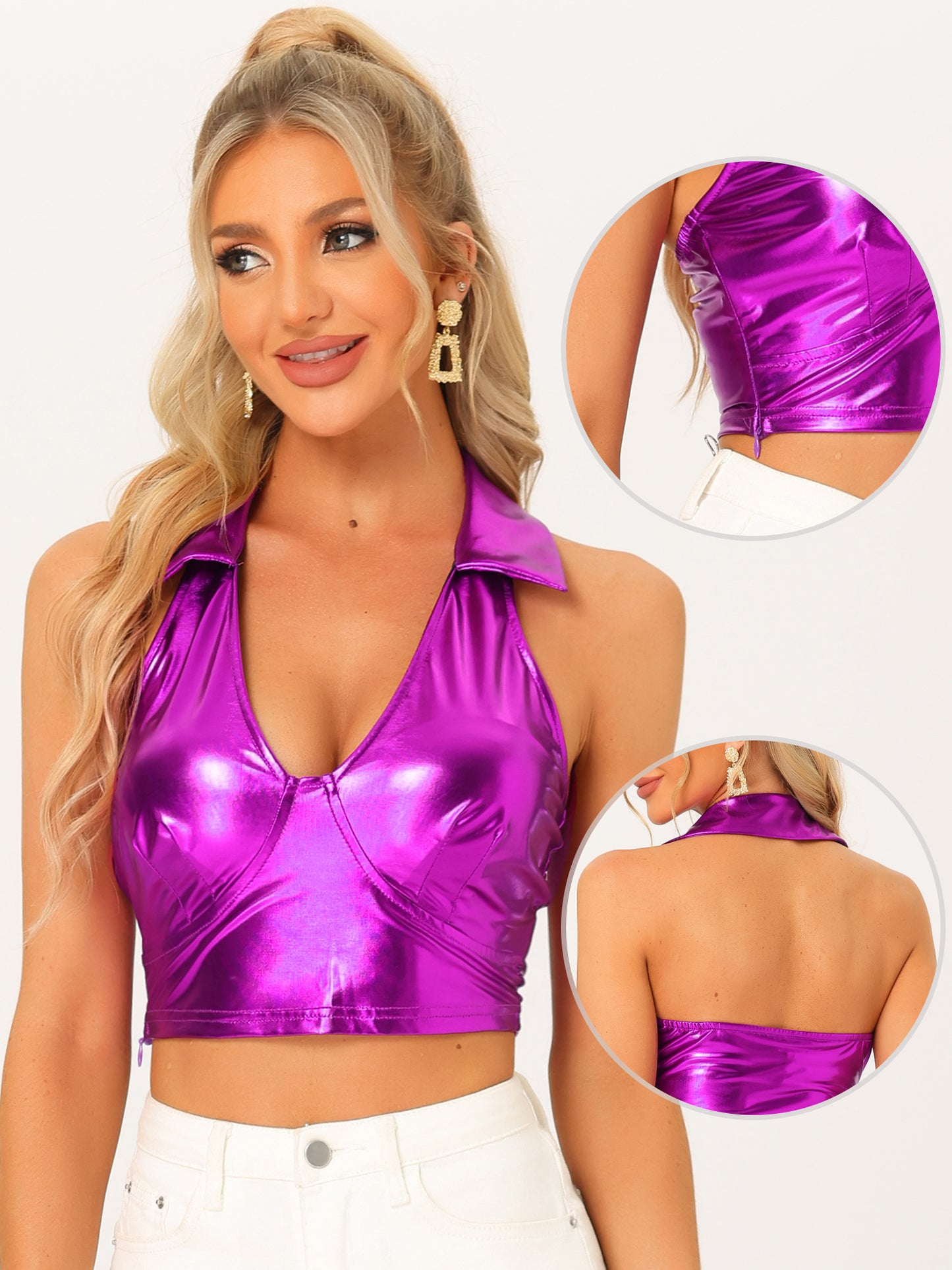 Women's Metallic Crop Top Clubwear Party Halter Rave Chrome Shirt Halter Neck Holographic Top