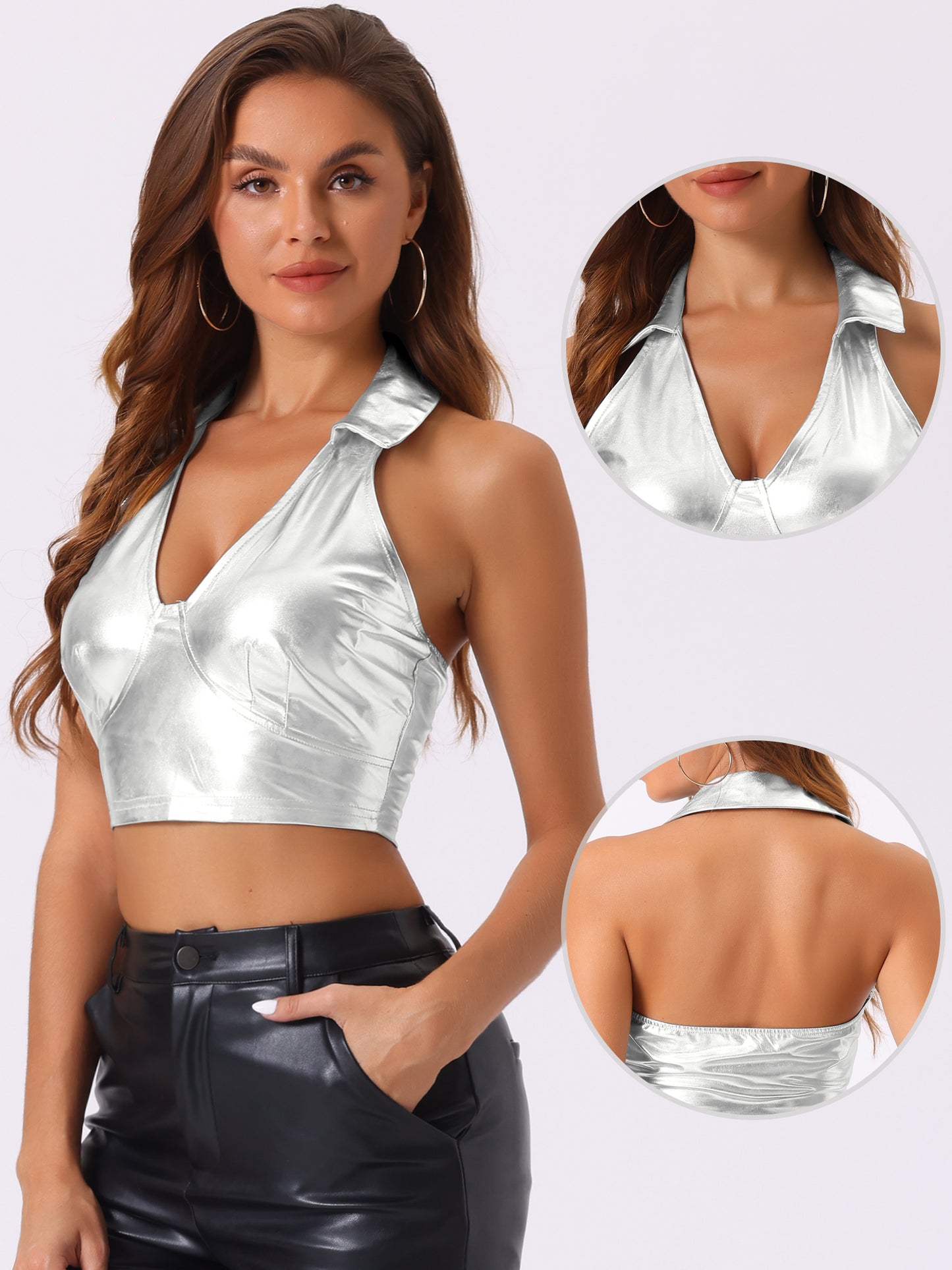 Women's Metallic Crop Top Clubwear Party Halter Rave Chrome Shirt Halter Neck Holographic Top