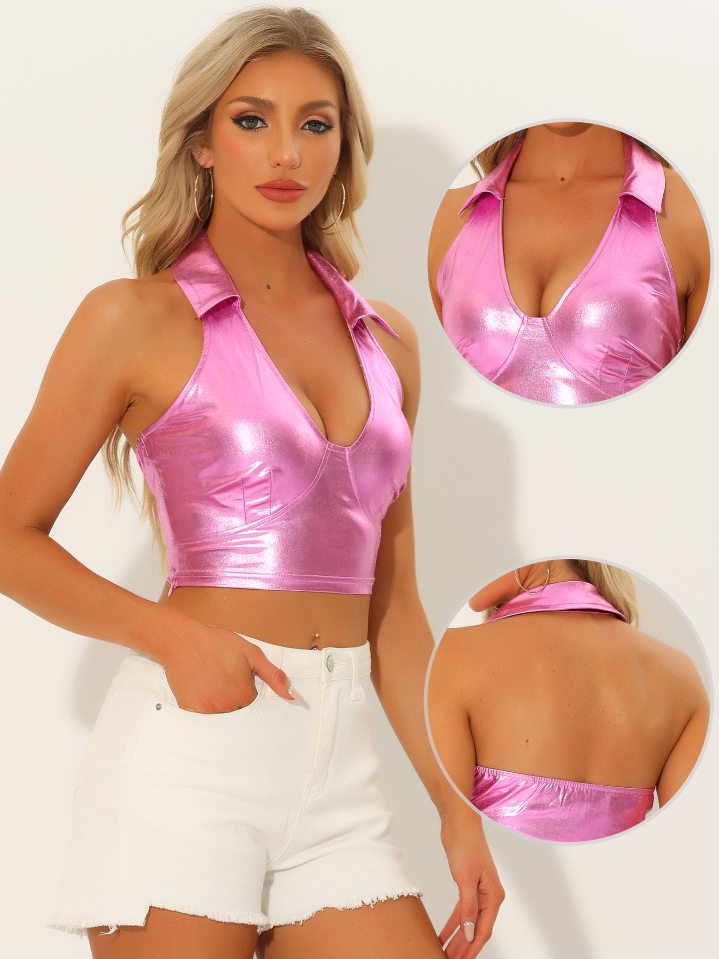 Women's Metallic Crop Top Clubwear Party Halter Rave Chrome Shirt Halter Neck Holographic Top