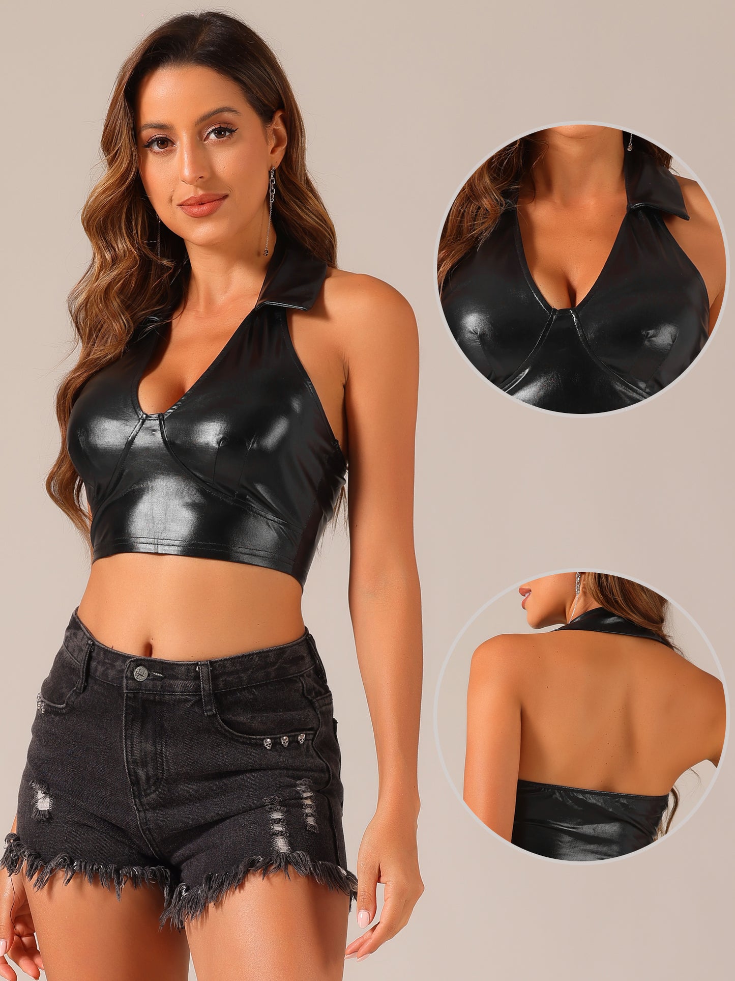 Women's Metallic Crop Top Clubwear Party Halter Rave Chrome Shirt Halter Neck Holographic Top