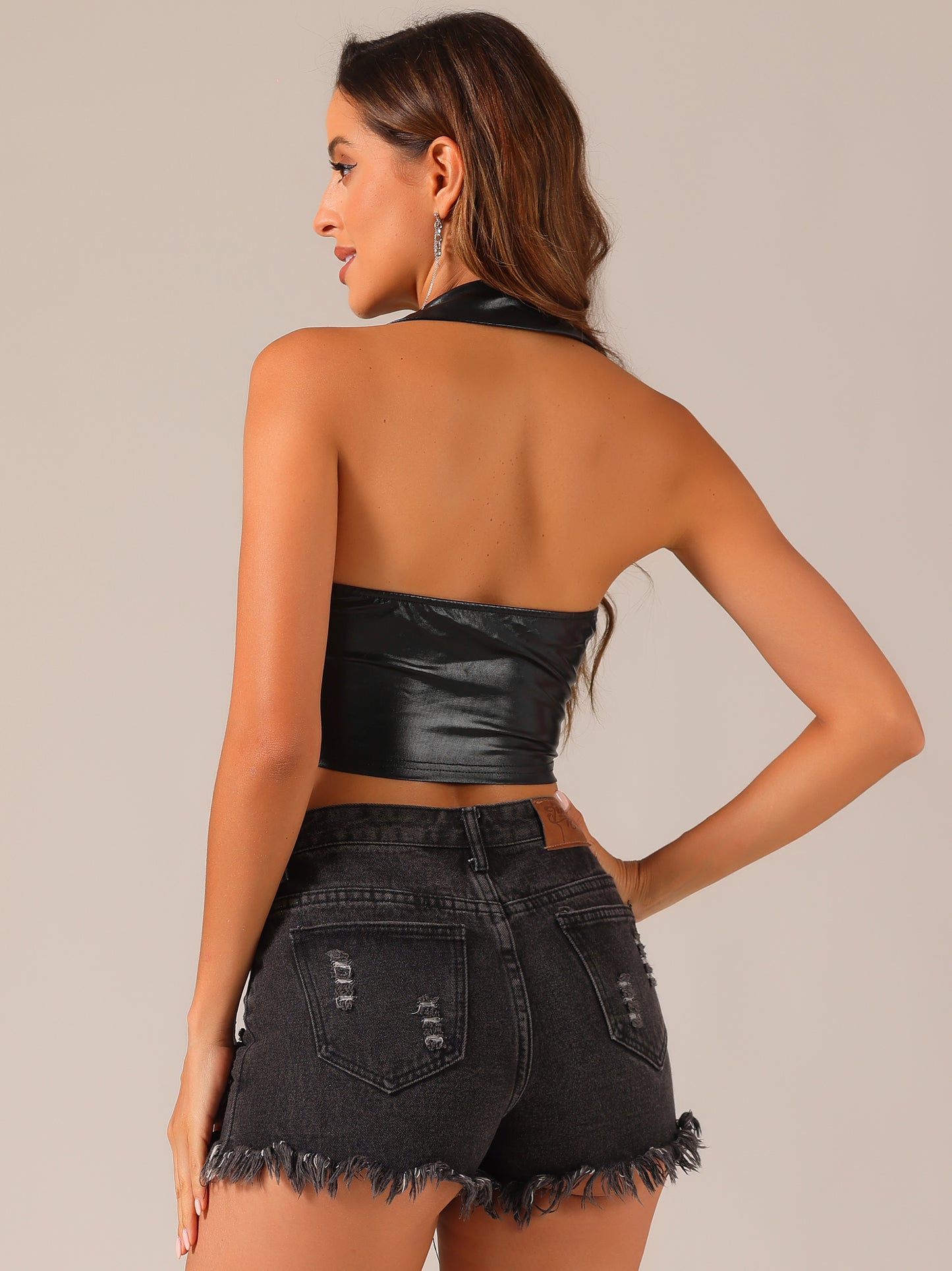 Women's Metallic Crop Top Clubwear Party Halter Rave Chrome Shirt Halter Neck Holographic Top