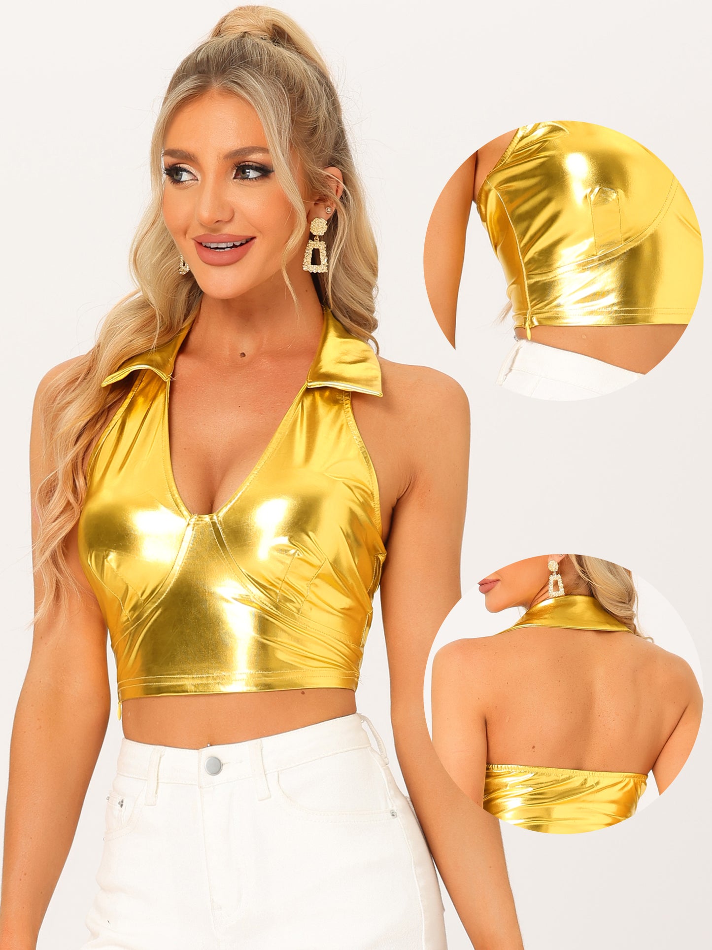 Women's Metallic Crop Top Clubwear Party Halter Rave Chrome Shirt Halter Neck Holographic Top