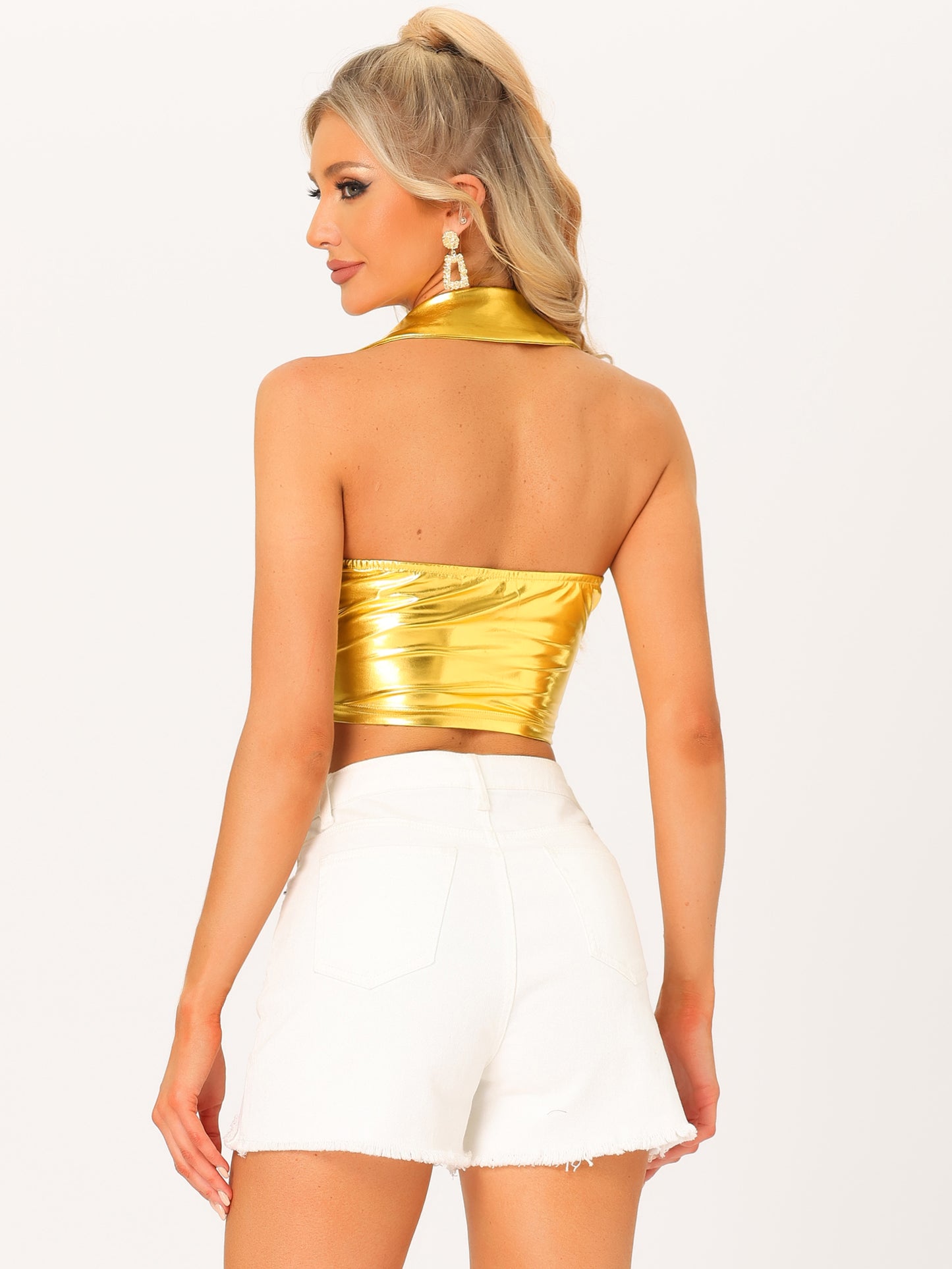 Women's Metallic Crop Top Clubwear Party Halter Rave Chrome Shirt Halter Neck Holographic Top