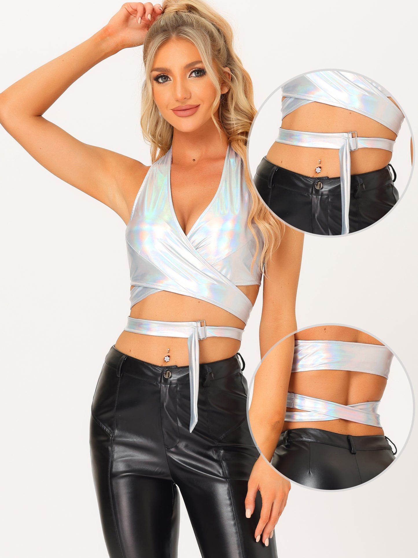 Top halter metálico para mujer con escote en V profundo y espalda descubierta, top corto holográfico, ropa de club