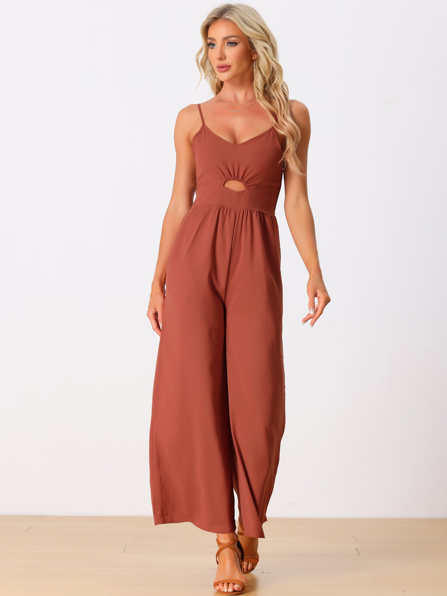 Women's Casual Sleeveless Cut Out Smocked Loose Wide Leg Romper Summer Jumpsuits