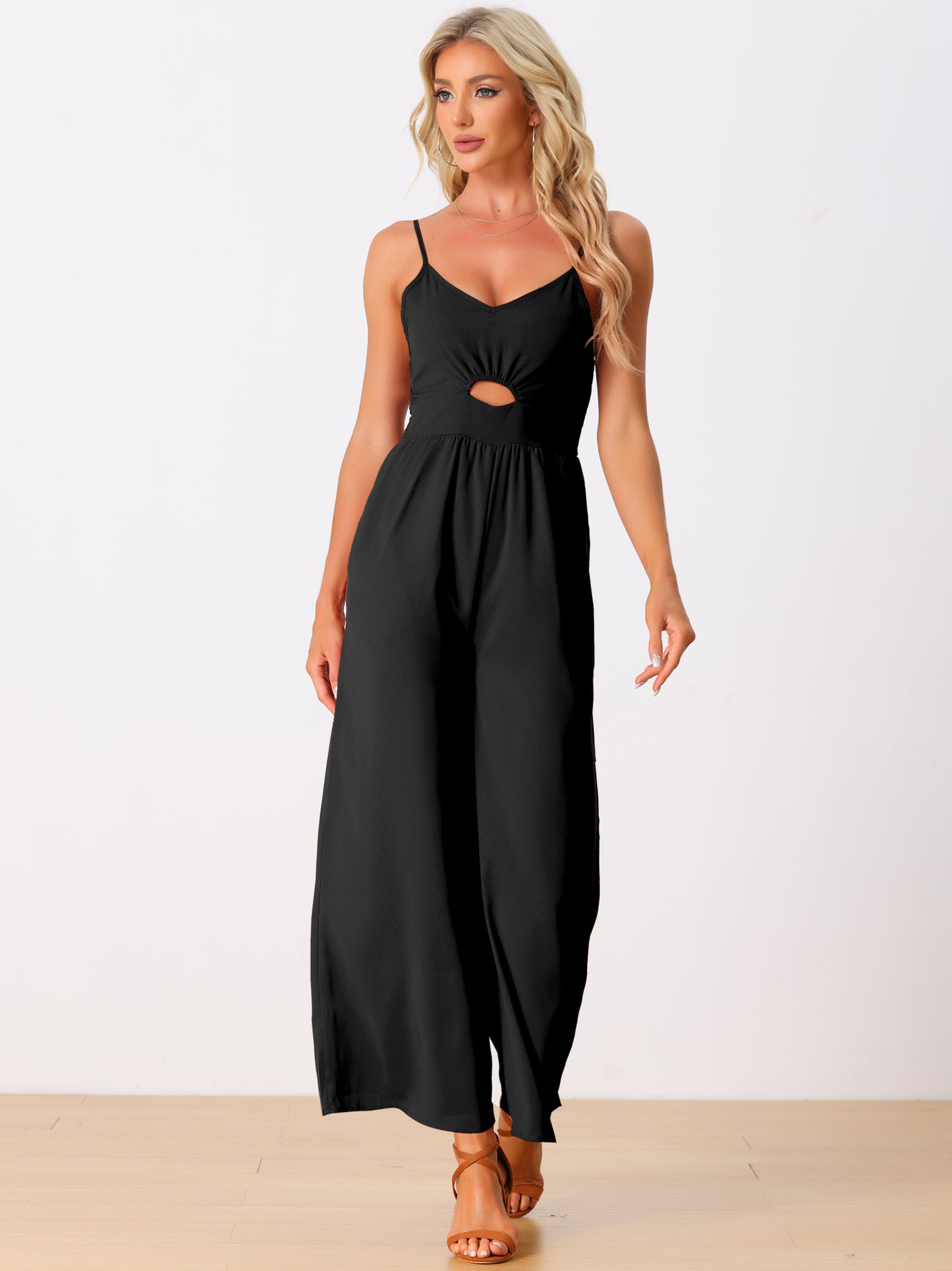 Women's Casual Sleeveless Cut Out Smocked Loose Wide Leg Romper Summer Jumpsuits