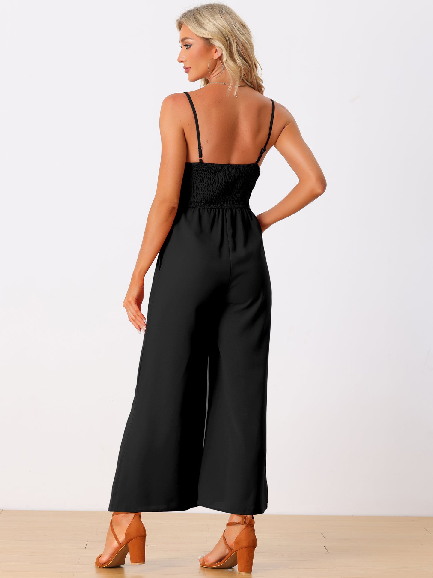 Women's Casual Sleeveless Cut Out Smocked Loose Wide Leg Romper Summer Jumpsuits