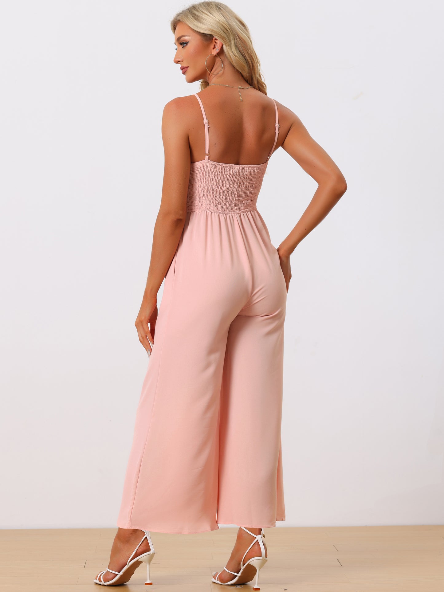 Women's Casual Sleeveless Cut Out Smocked Loose Wide Leg Romper Summer Jumpsuits