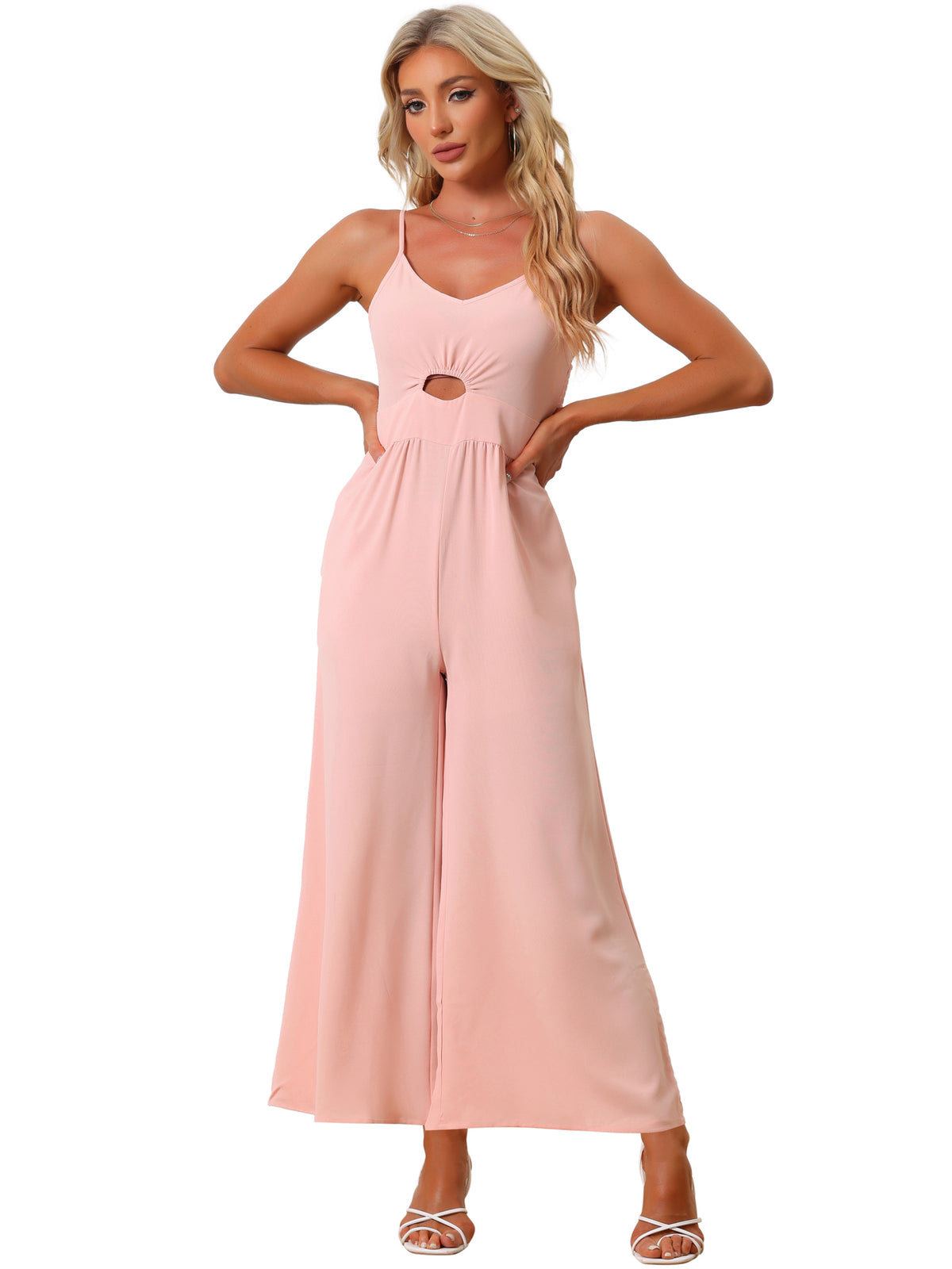 Women's Casual Sleeveless Cut Out Smocked Loose Wide Leg Romper Summer Jumpsuits