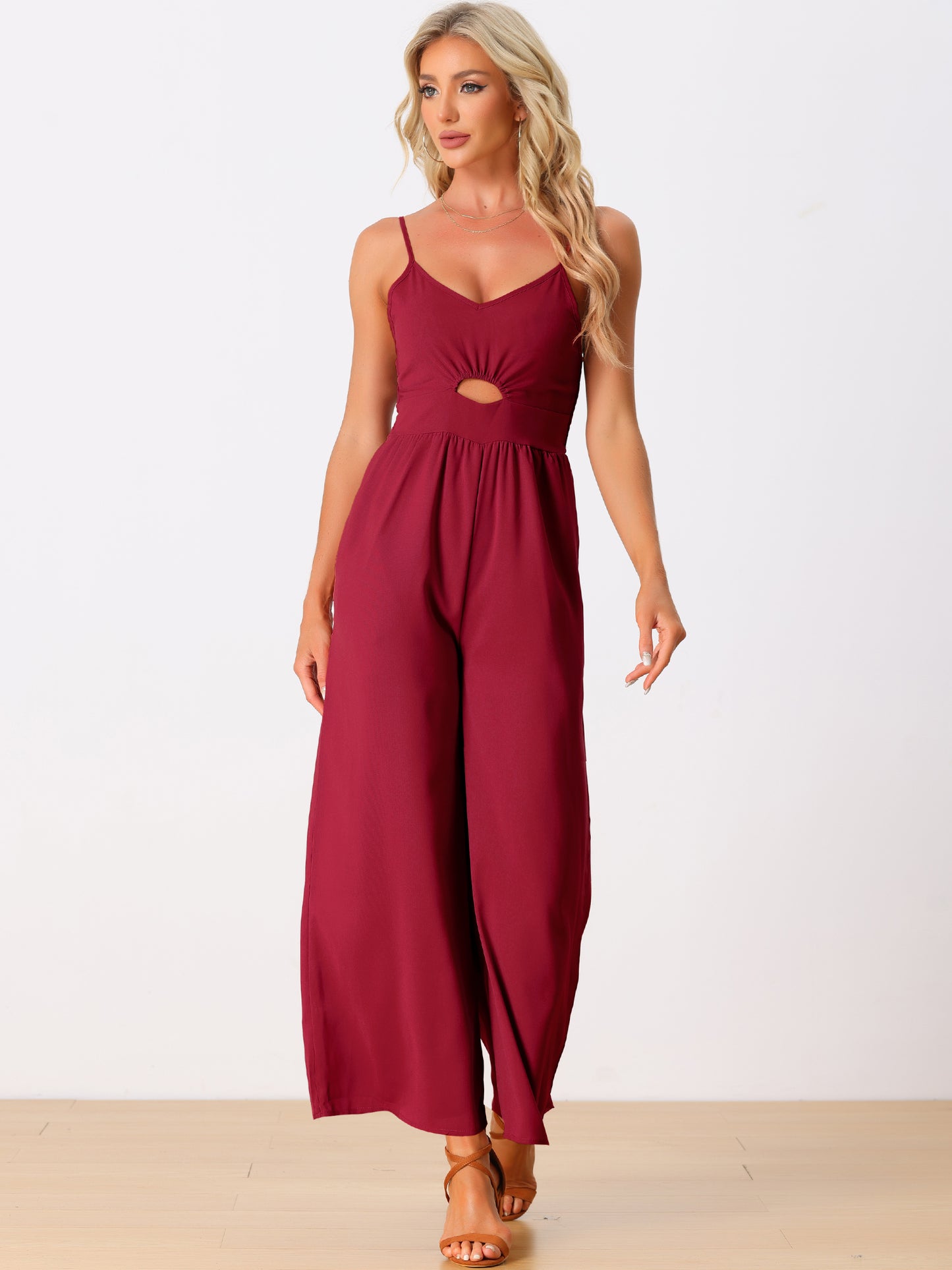 Women's Casual Sleeveless Cut Out Smocked Loose Wide Leg Romper Summer Jumpsuits